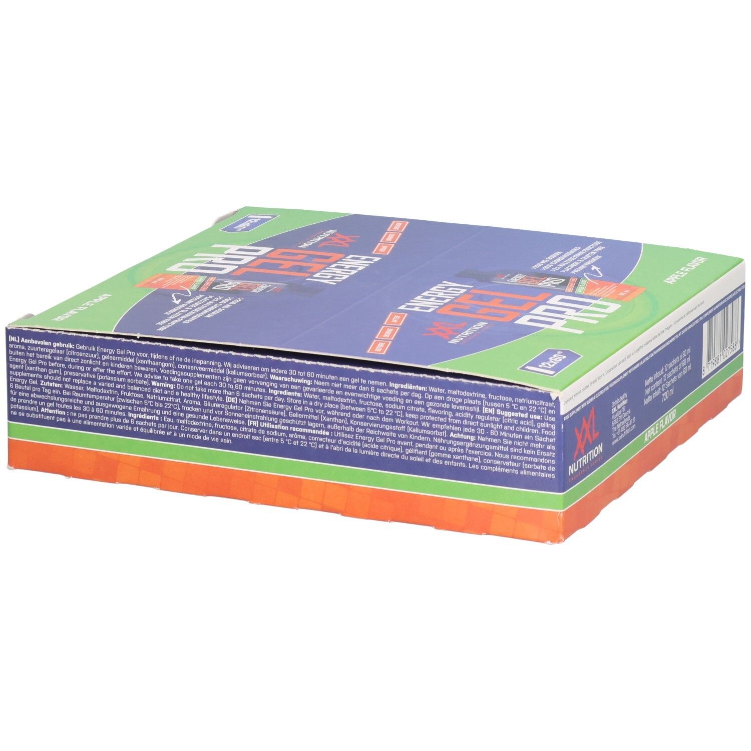 Boîte de Energy Gel Pro. Emballage bleu, vert et orange. Inscription: XXL Nutrition, Energy Gel Pro, Apple Flavor.