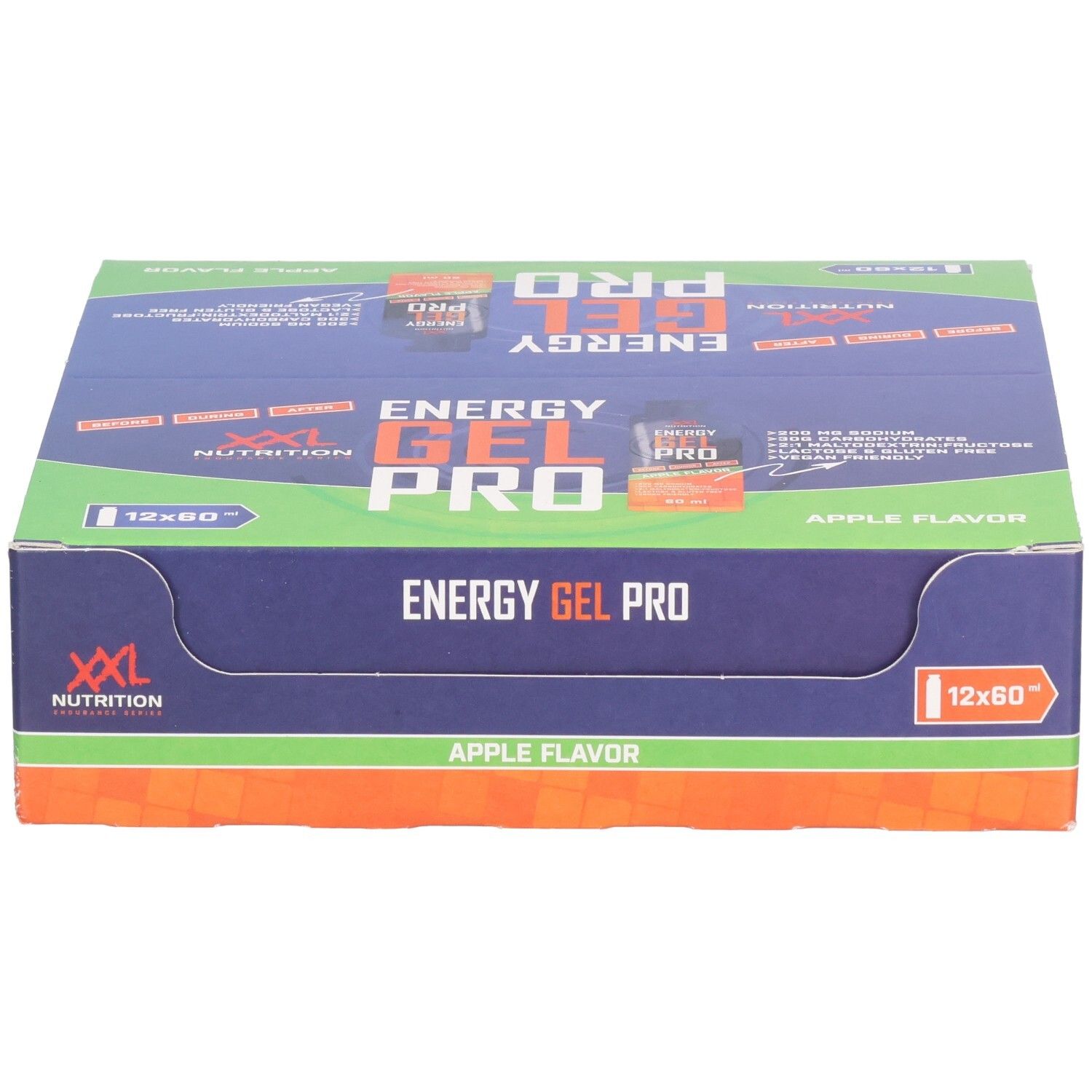 Boîte de Energy Gel Pro. Emballage bleu, vert et orange. Inscription: XXL Nutrition, Energy Gel Pro, Apple Flavor.