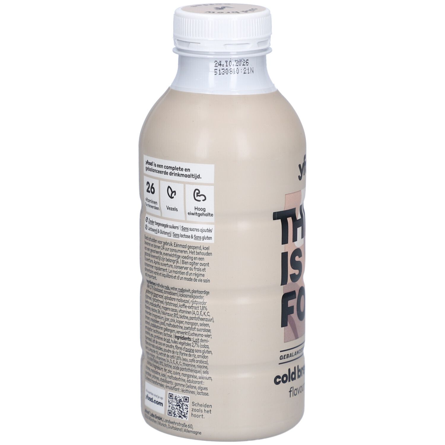 Dos de la bouteille. Texte avec informations nutritionnelles et ingrédients. Inscription: yfood, Cold Brew Coffee.