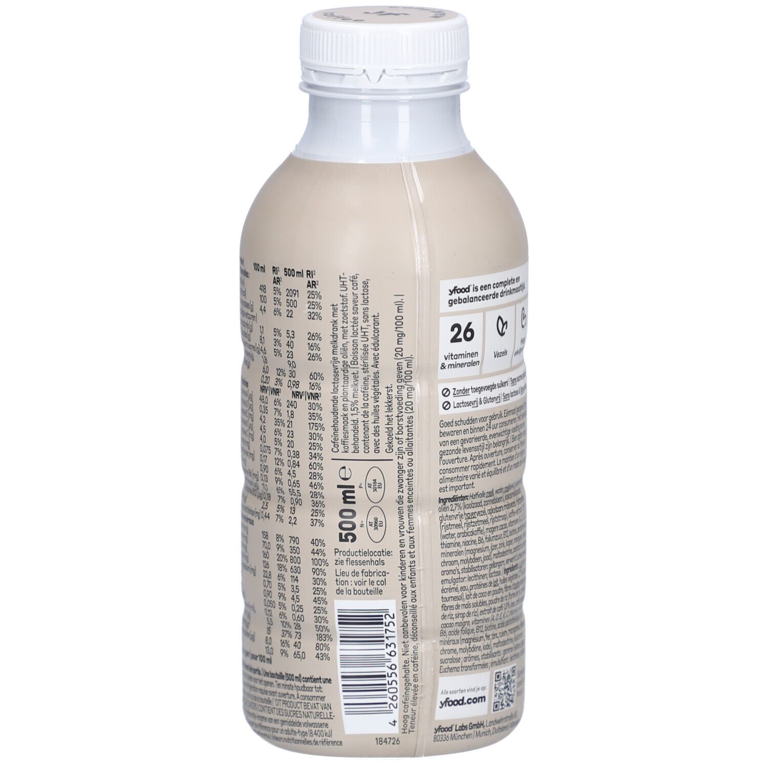 Dos de la bouteille. Texte avec informations nutritionnelles et ingrédients. Inscription: 500 ml, yfood.