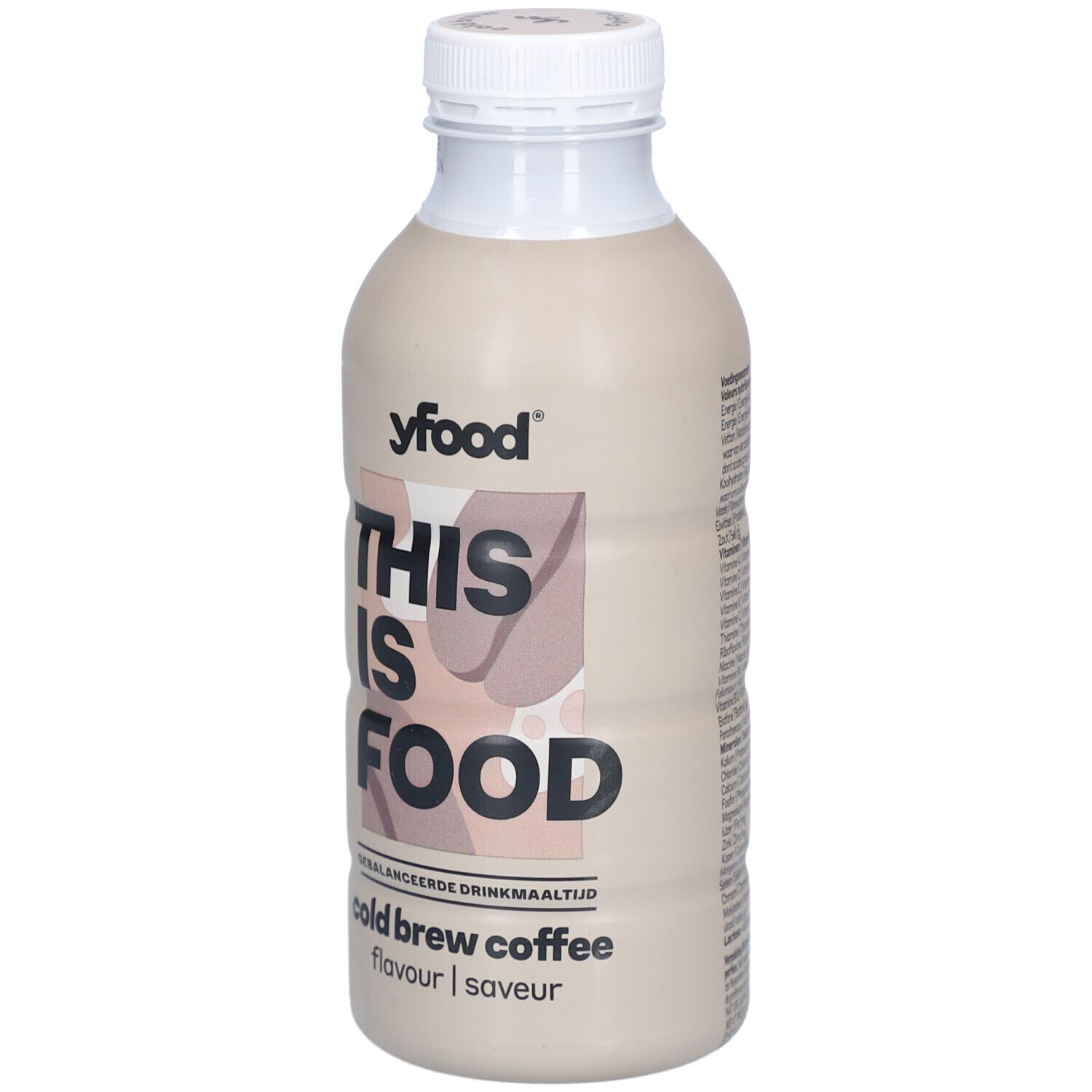 Bouteille beige à bouchon blanc. Inscription: yfood, THIS IS FOOD, Cold Brew Coffee. Flavour/Saveur.