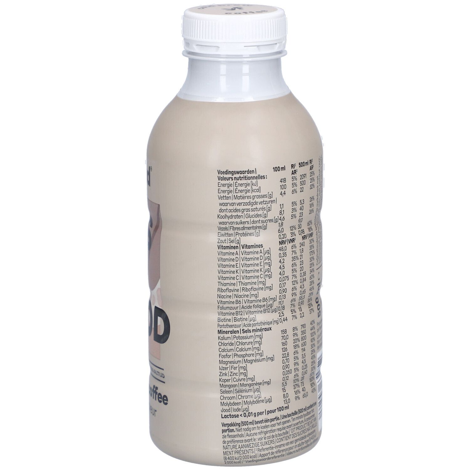 Dos de la bouteille. Texte avec informations nutritionnelles et ingrédients. Inscription: yfood, Cold Brew Coffee.