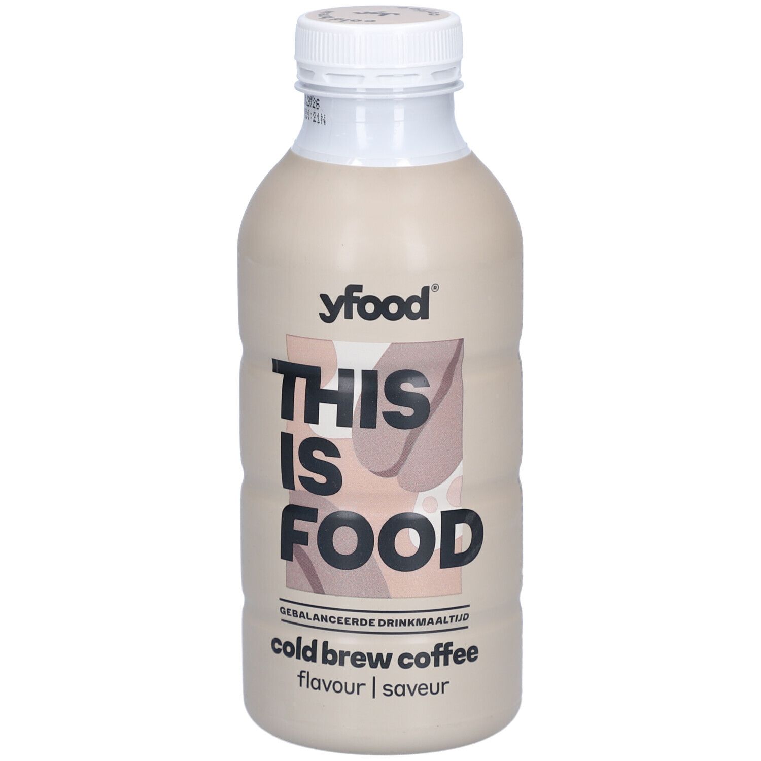 Bouteille beige à bouchon blanc. Inscription: yfood, THIS IS FOOD, Cold Brew Coffee. Flavour/Saveur.