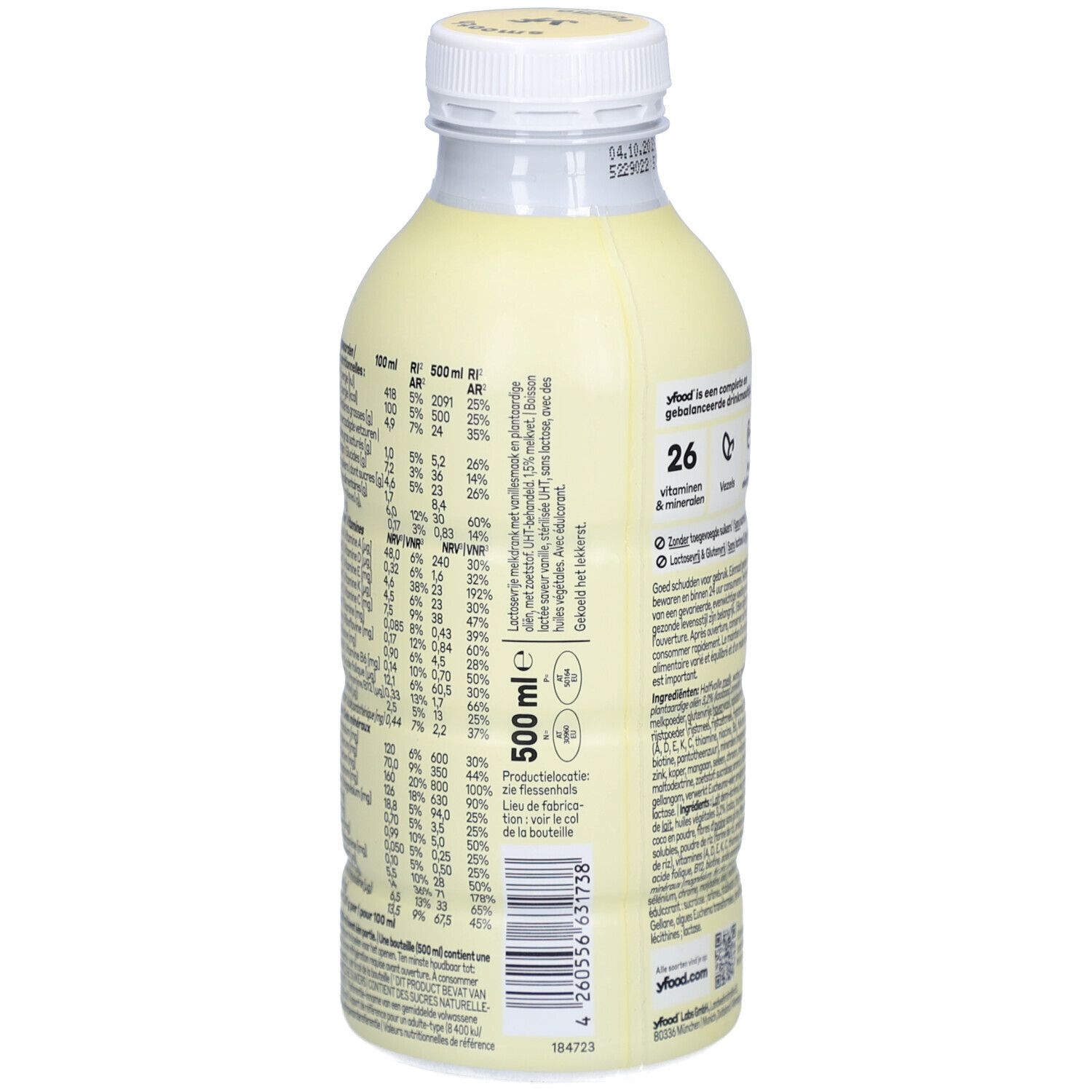 Bouteille YFOOD Smooth Vanille. Dos avec texte. Contient informations nutritionnelles. 500 ml. Bouchon blanc.