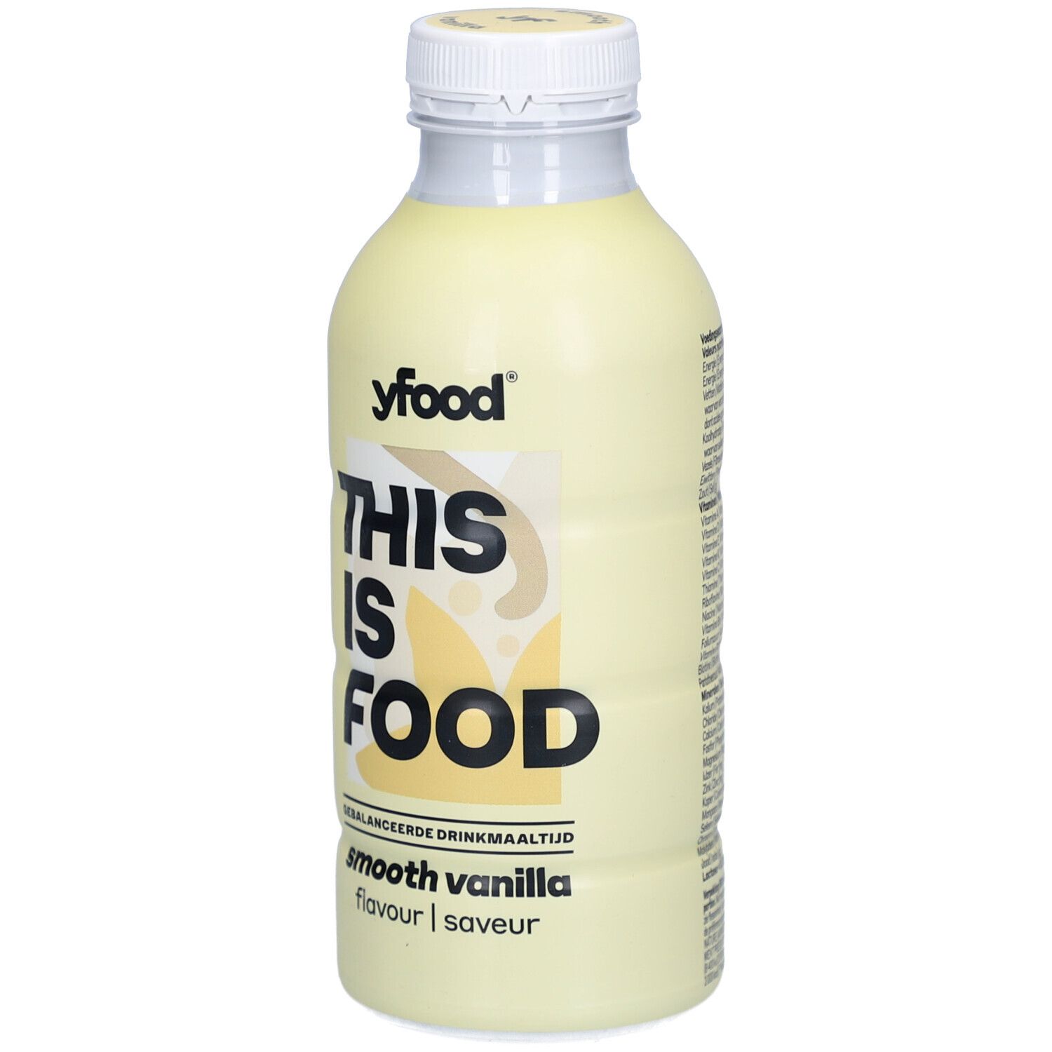 Bouteille YFOOD Smooth Vanille. Bouchon blanc, liquide jaune. Inscription : THIS IS FOOD, smooth vanilla.