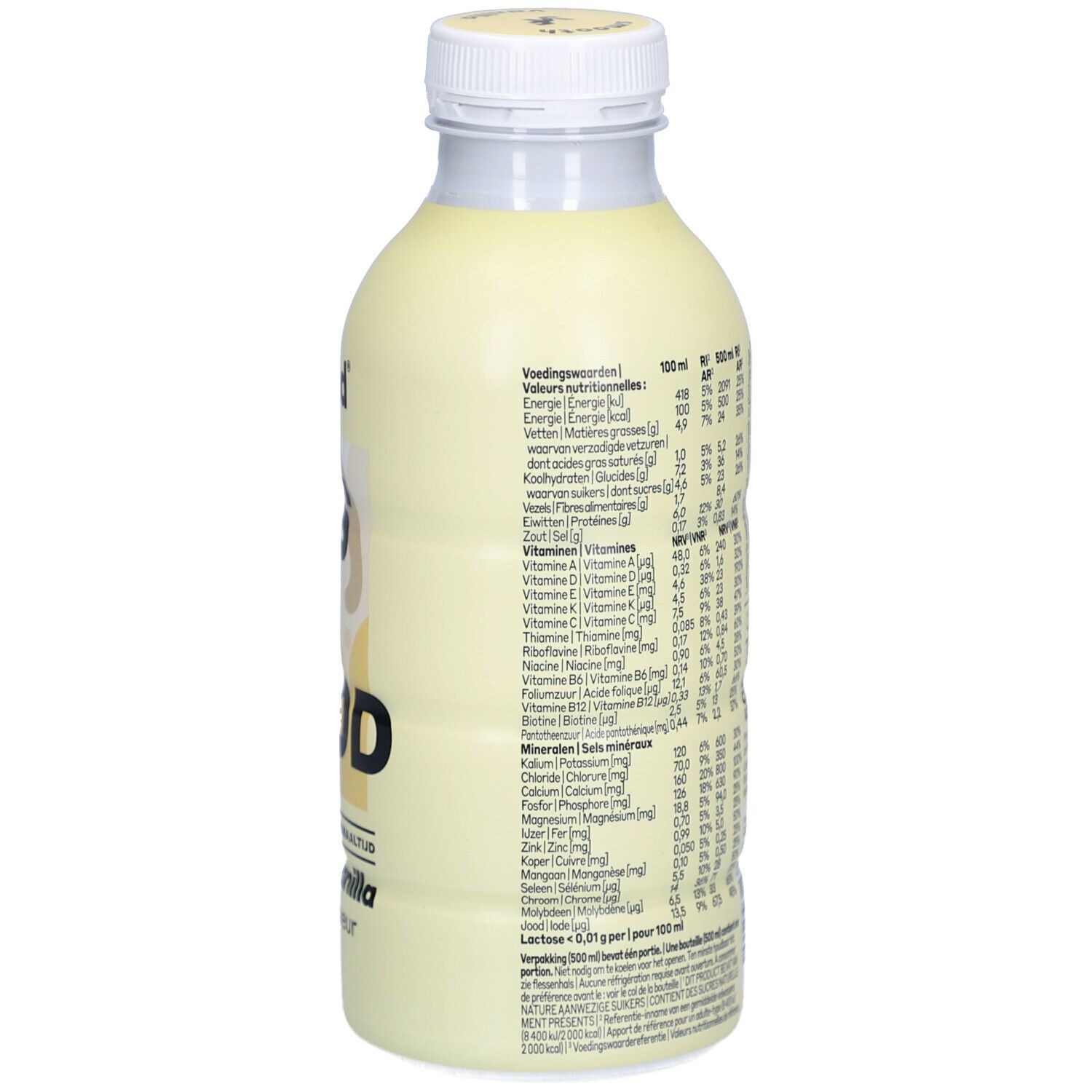 Bouteille YFOOD Smooth Vanille. Dos avec texte. Contient informations nutritionnelles. Bouchon blanc.