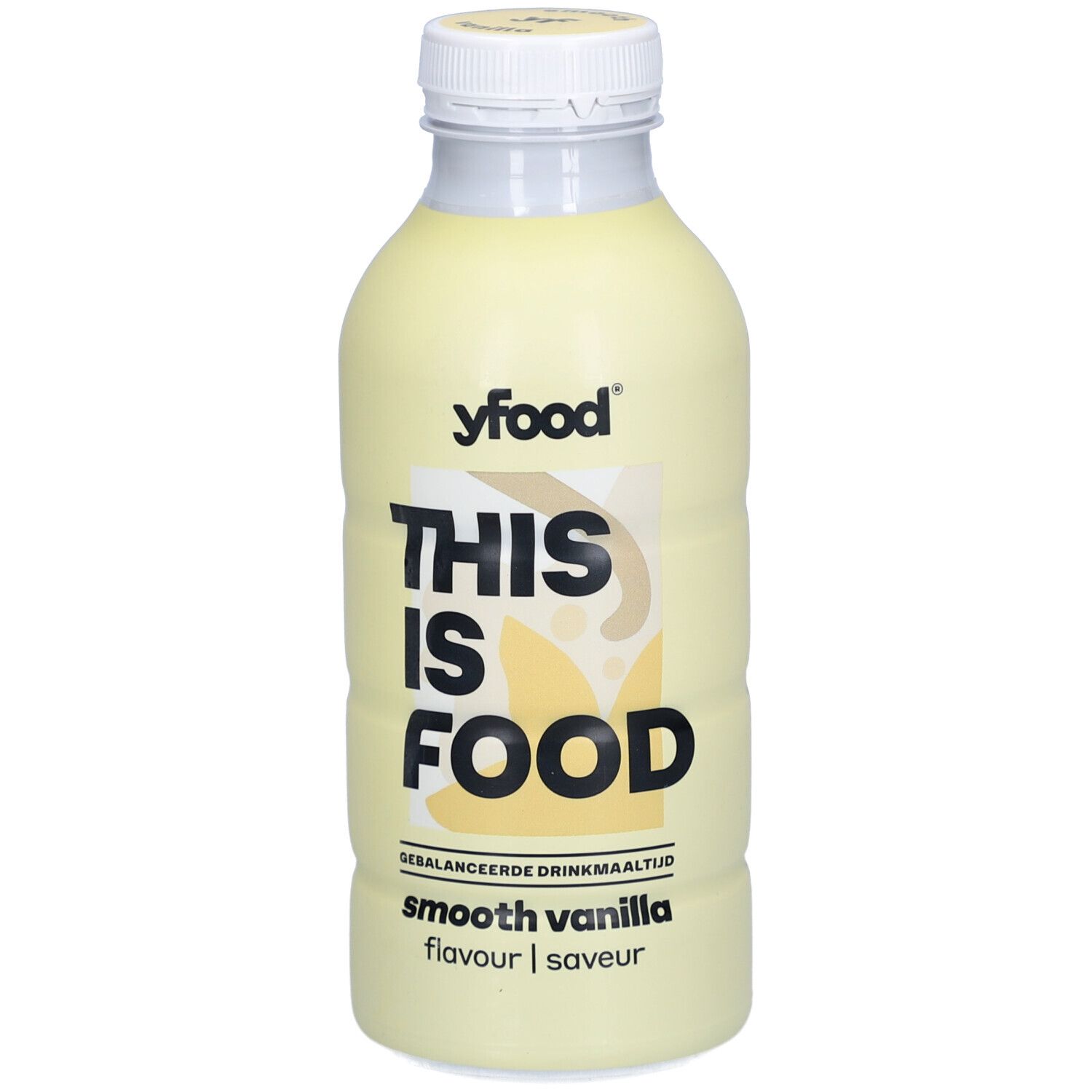 Bouteille YFOOD Smooth Vanille. Bouchon blanc, liquide jaune. Inscription : THIS IS FOOD, smooth vanilla.