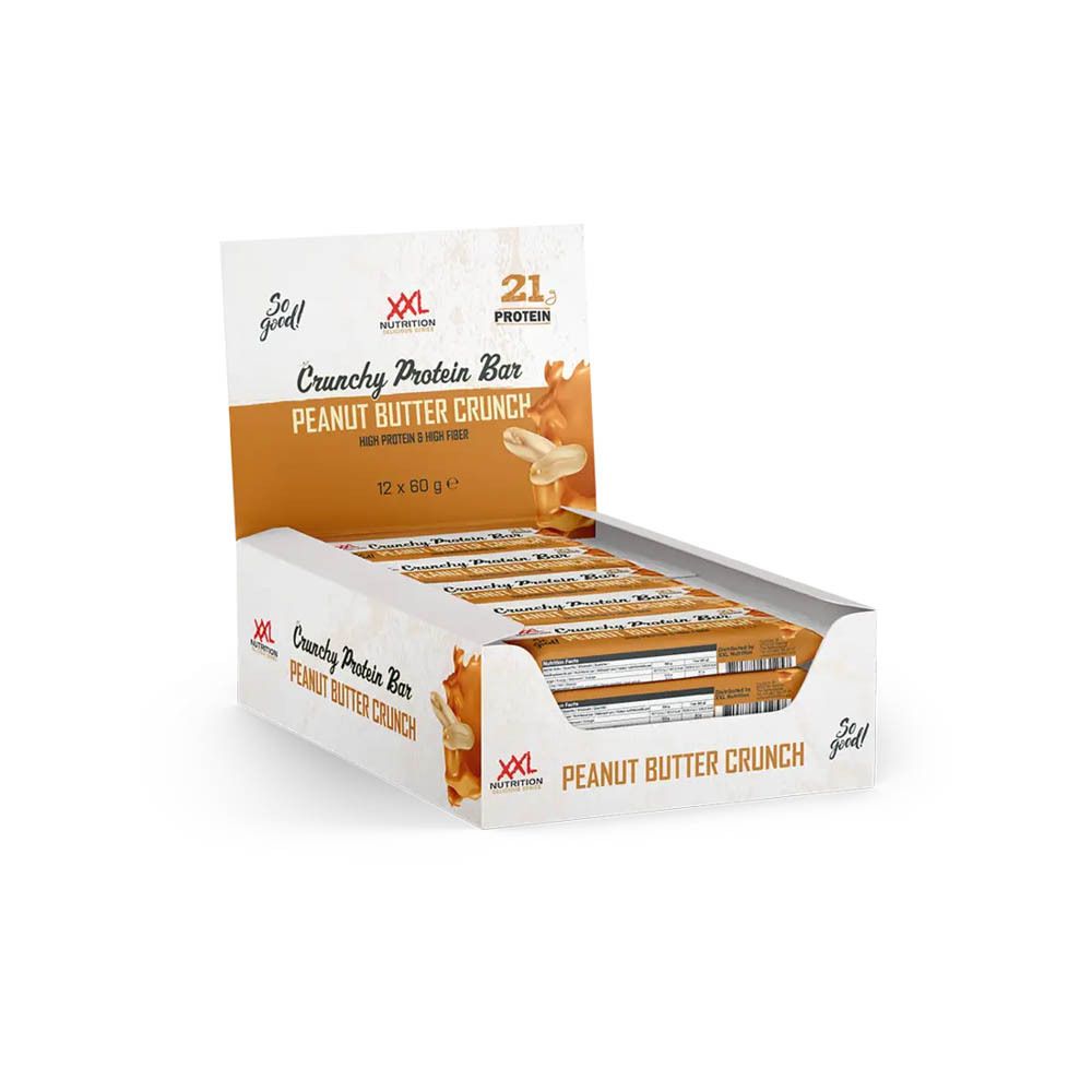 Boîte ouverte de barres protéinées. Marque XXL Nutrition. Peanut Butter Crunch. 12 barres.