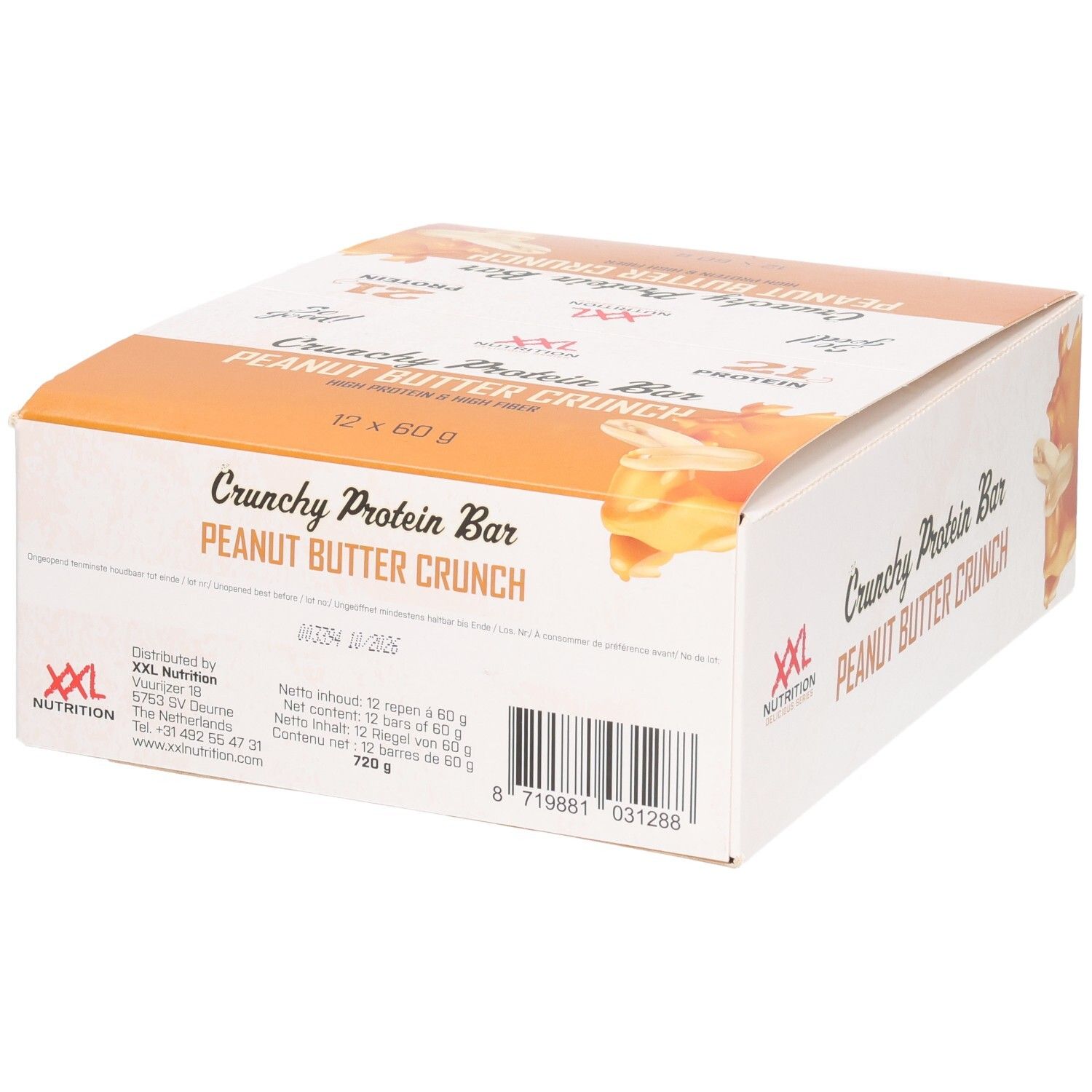 Boîte de Crunchy Protein Bar, Peanut Butter Crunch. Marque XXL Nutrition. 12 barres. Code-barres.