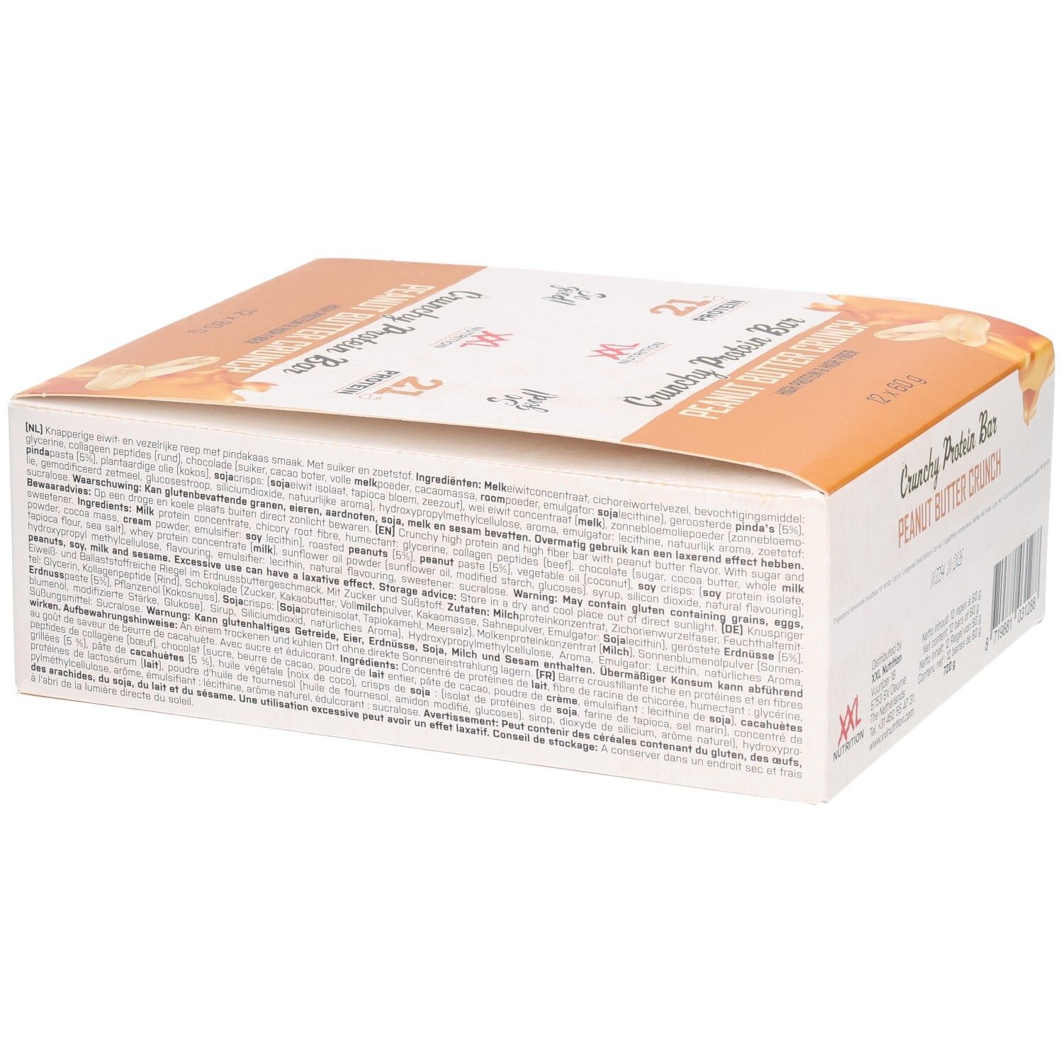 Boîte de Crunchy Protein Bar, Peanut Butter Crunch. Marque XXL Nutrition. Texte sur l'emballage.