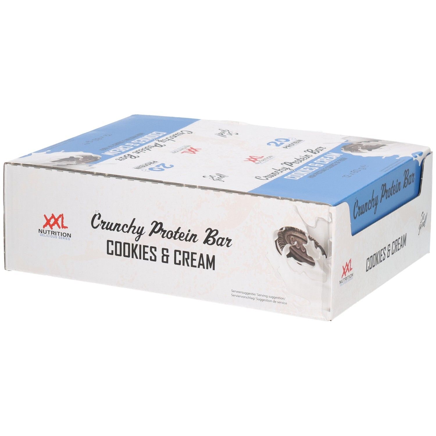 Boîte de Crunchy Protein Bar Cookies & Cream. Emballage blanc et bleu. Logo XXL Nutrition.