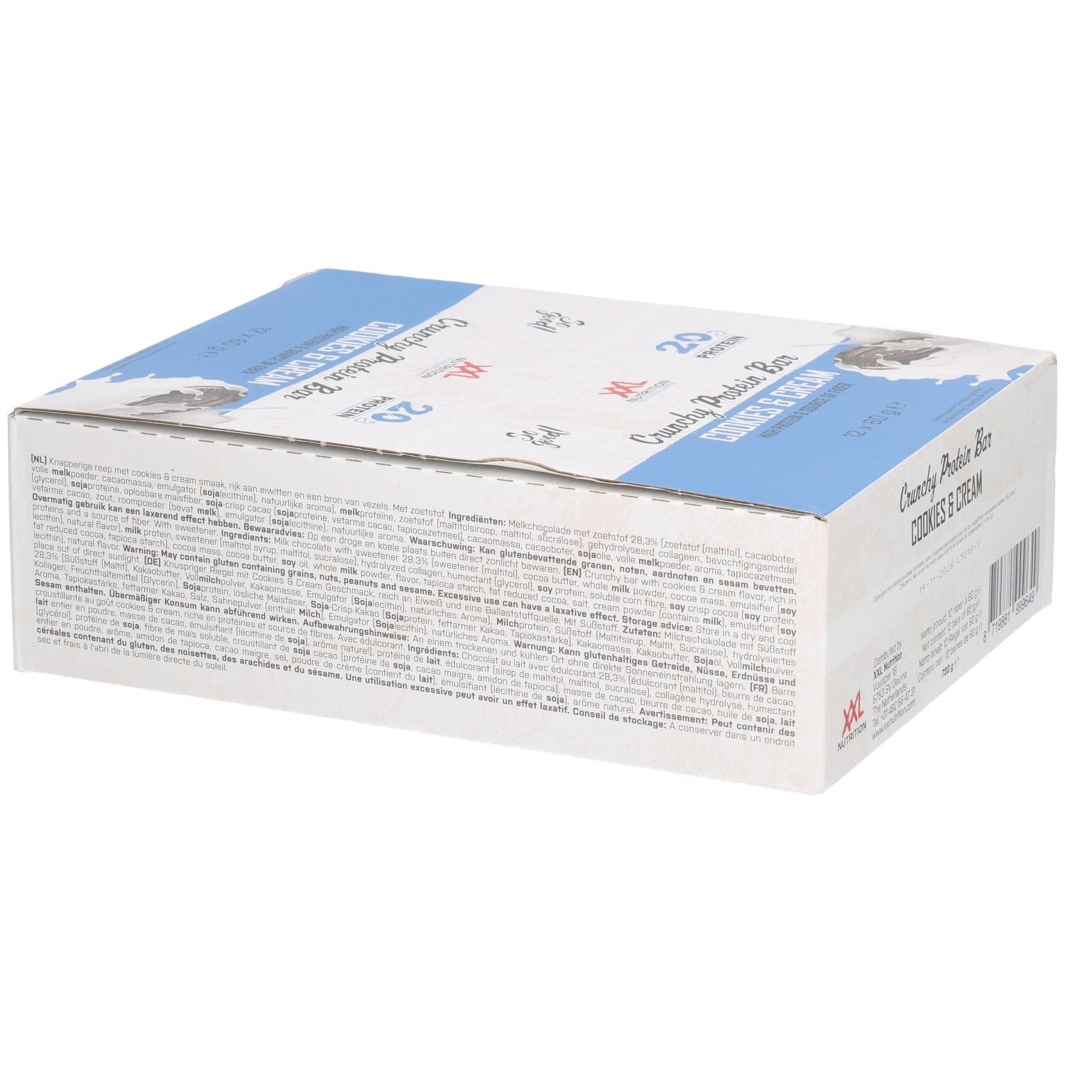 Boîte de Crunchy Protein Bar Cookies & Cream. Emballage blanc et bleu. Logo XXL Nutrition.