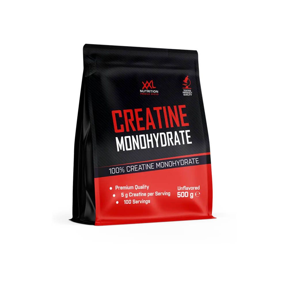 Sachet noir et rouge. Inscription "Creatine Monohydrate". Contient 500 g. Marque: XXL Nutrition. "100% Creatine Monohydrate".