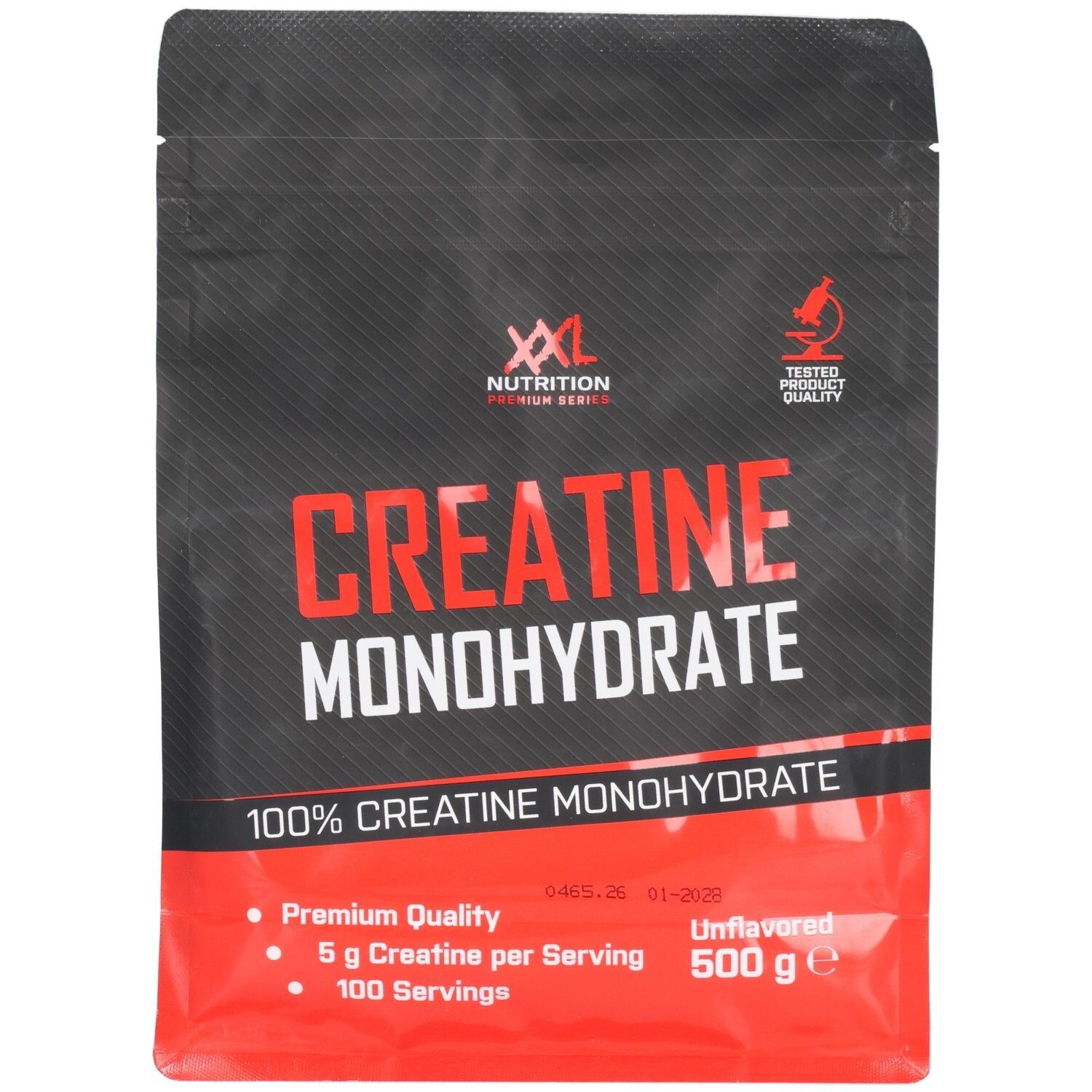 Sachet noir et rouge. Inscription "Creatine Monohydrate". Contient 500 g. Marque: XXL Nutrition. "100% Creatine Monohydrate".
