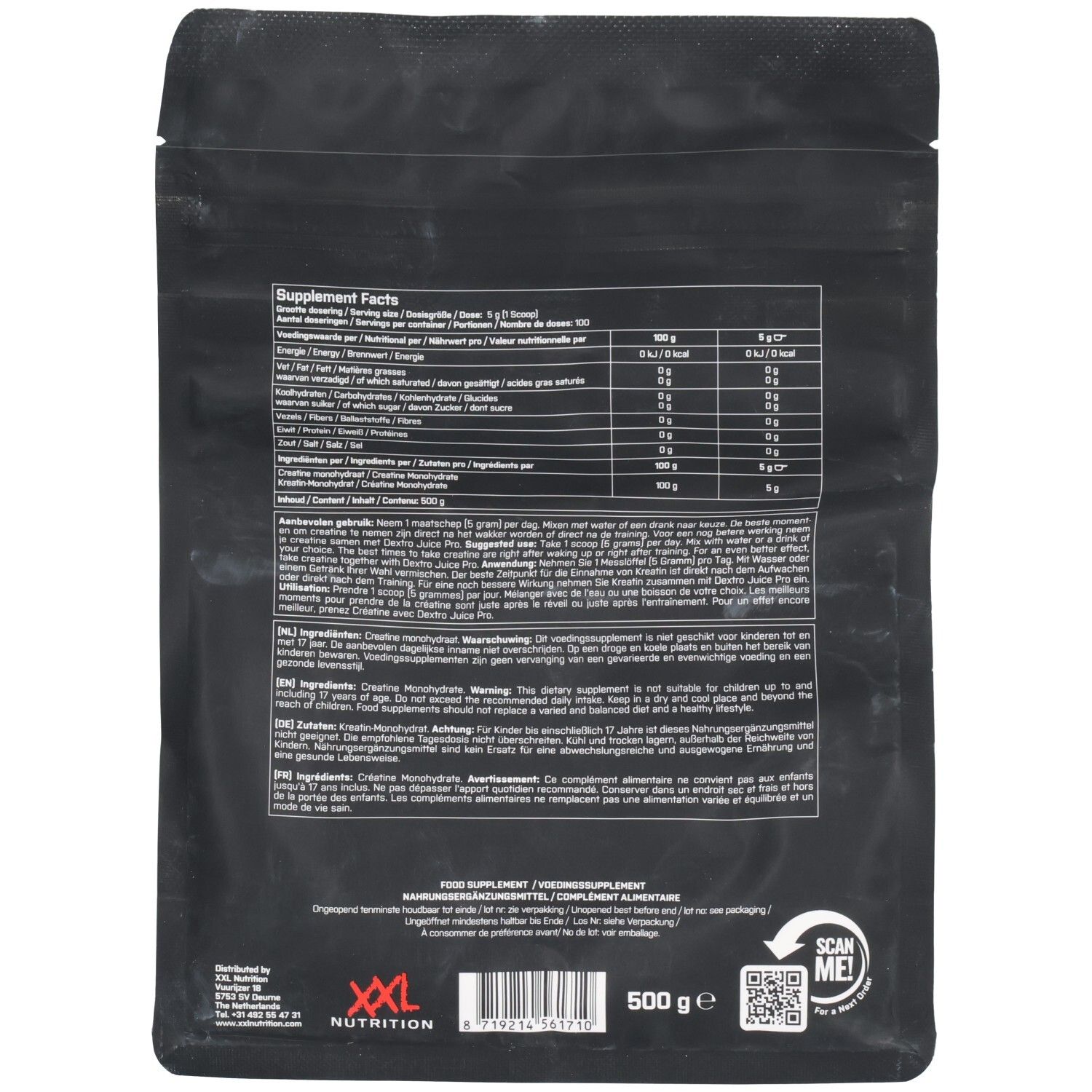 Dos du sachet noir. Contient des informations nutritionnelles et des ingrédients. Marque: XXL Nutrition. Code QR à scanner.