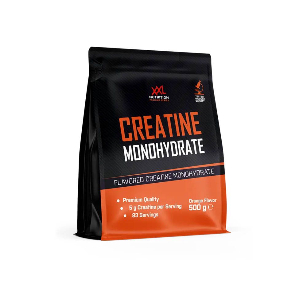 Sachet de Créatine Monohydrate, impression orange. Nom du produit, logo et 500 g. Qualité supérieure, 83 portions.