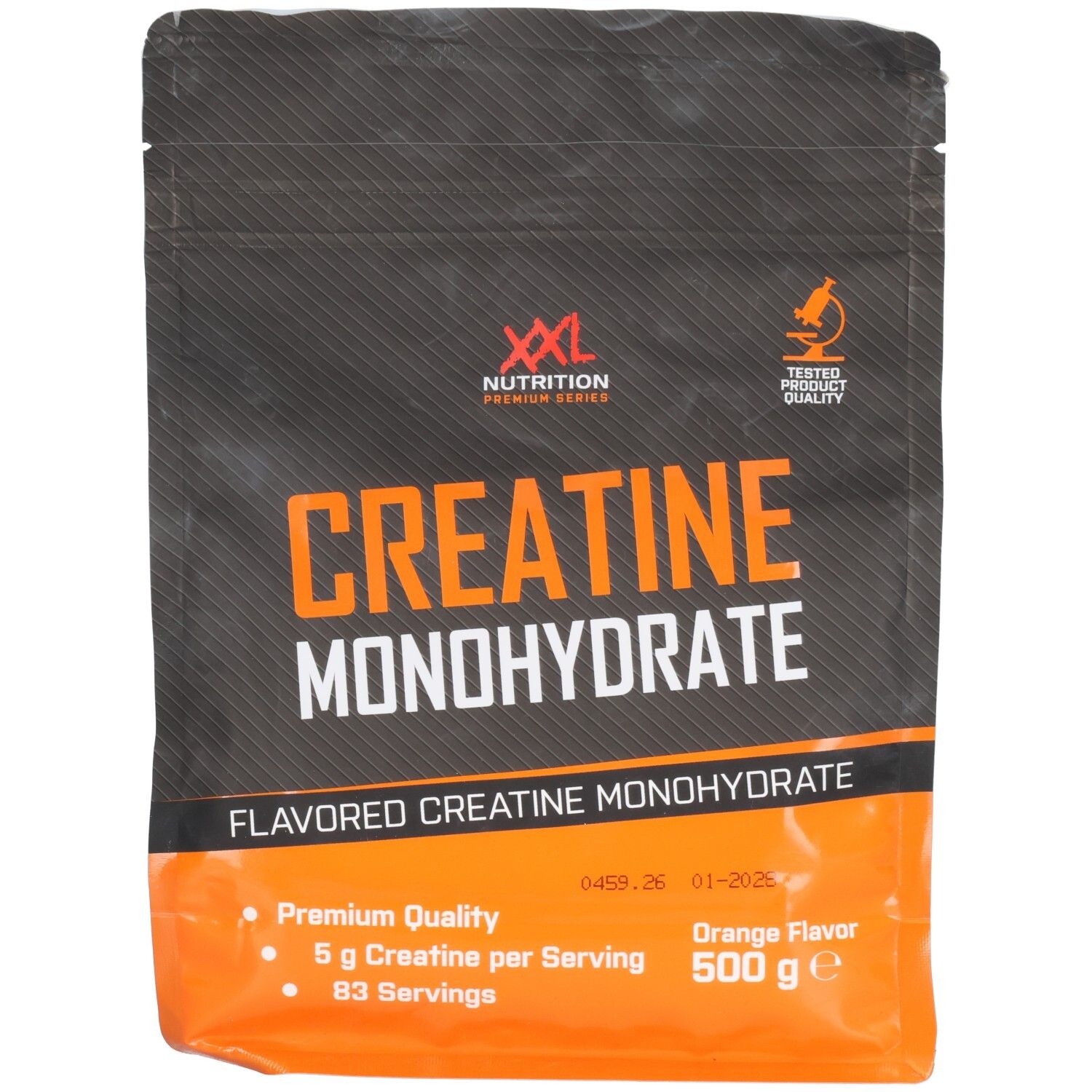 Sachet de Créatine Monohydrate. Impression orange avec nom et logo du produit. 500 g, 83 portions, qualité supérieure.