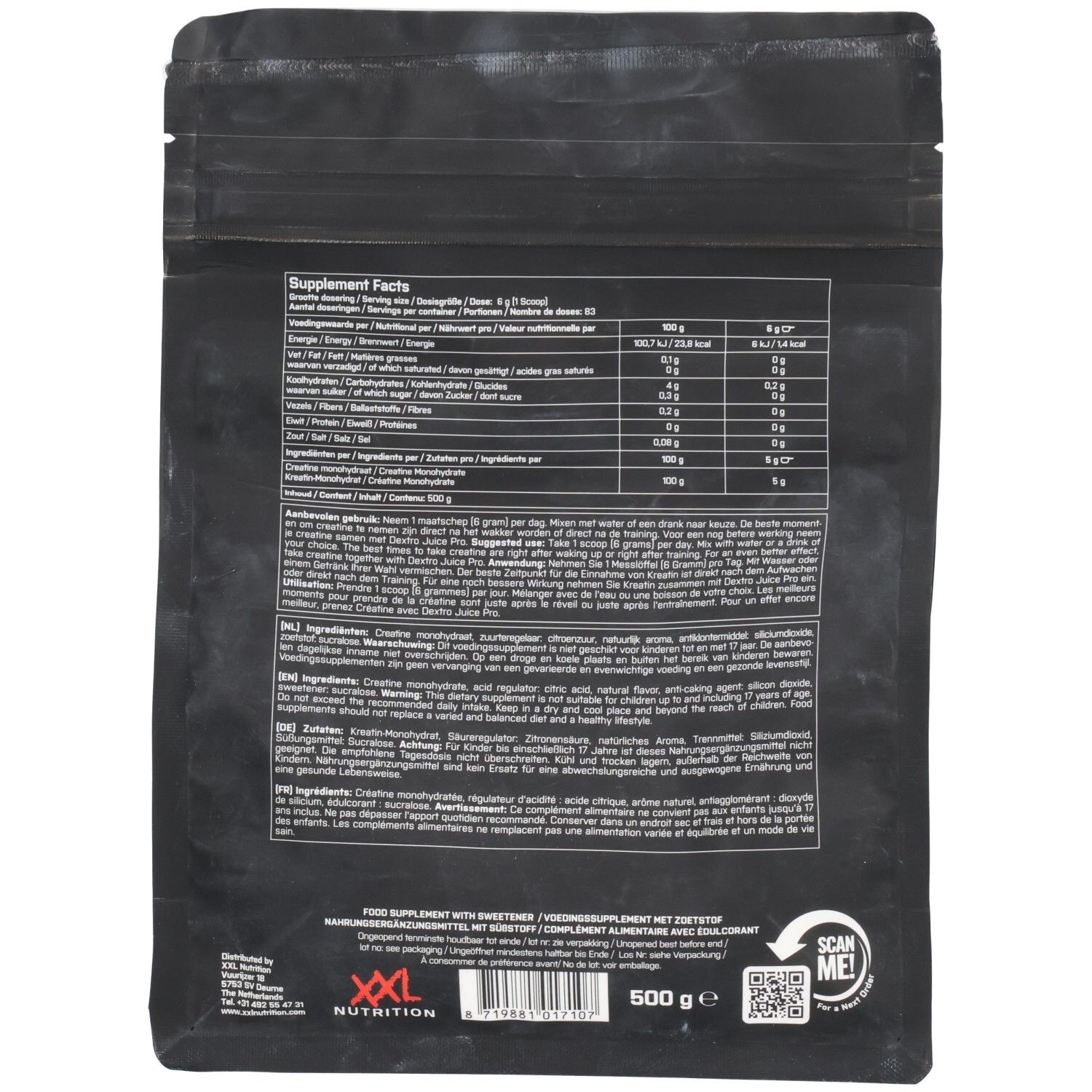 Dos du sachet avec informations nutritionnelles et ingrédients. Fond noir avec texte blanc. Code QR et logo.