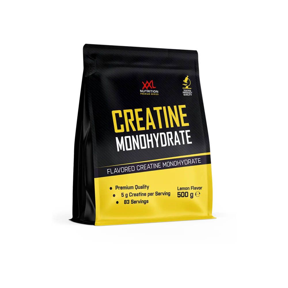 Emballage noir avec étiquette jaune. 'Creatine Monohydrate' et 'XXL Nutrition' visibles. 500 g, goût citron.