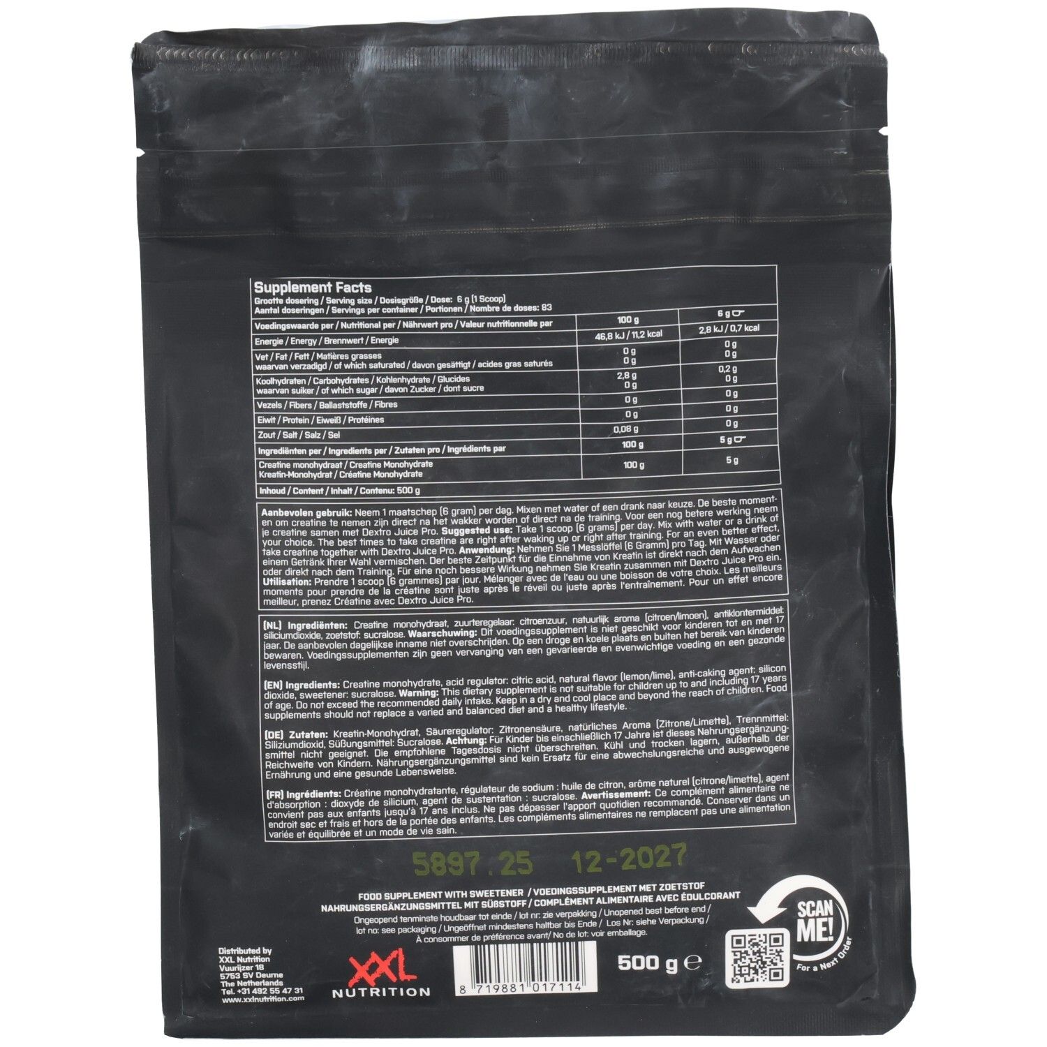Dos de l'emballage noir. Contient informations nutritionnelles et liste d'ingrédients. 'XXL Nutrition' et 500 g visibles.