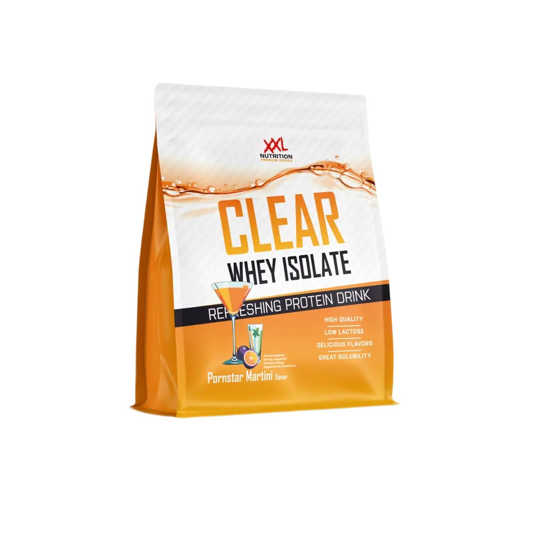 Sachet avec texte "CLEAR WHEY ISOLATE". Saveur "Pornstar Martini". Marque "XXL Nutrition".
