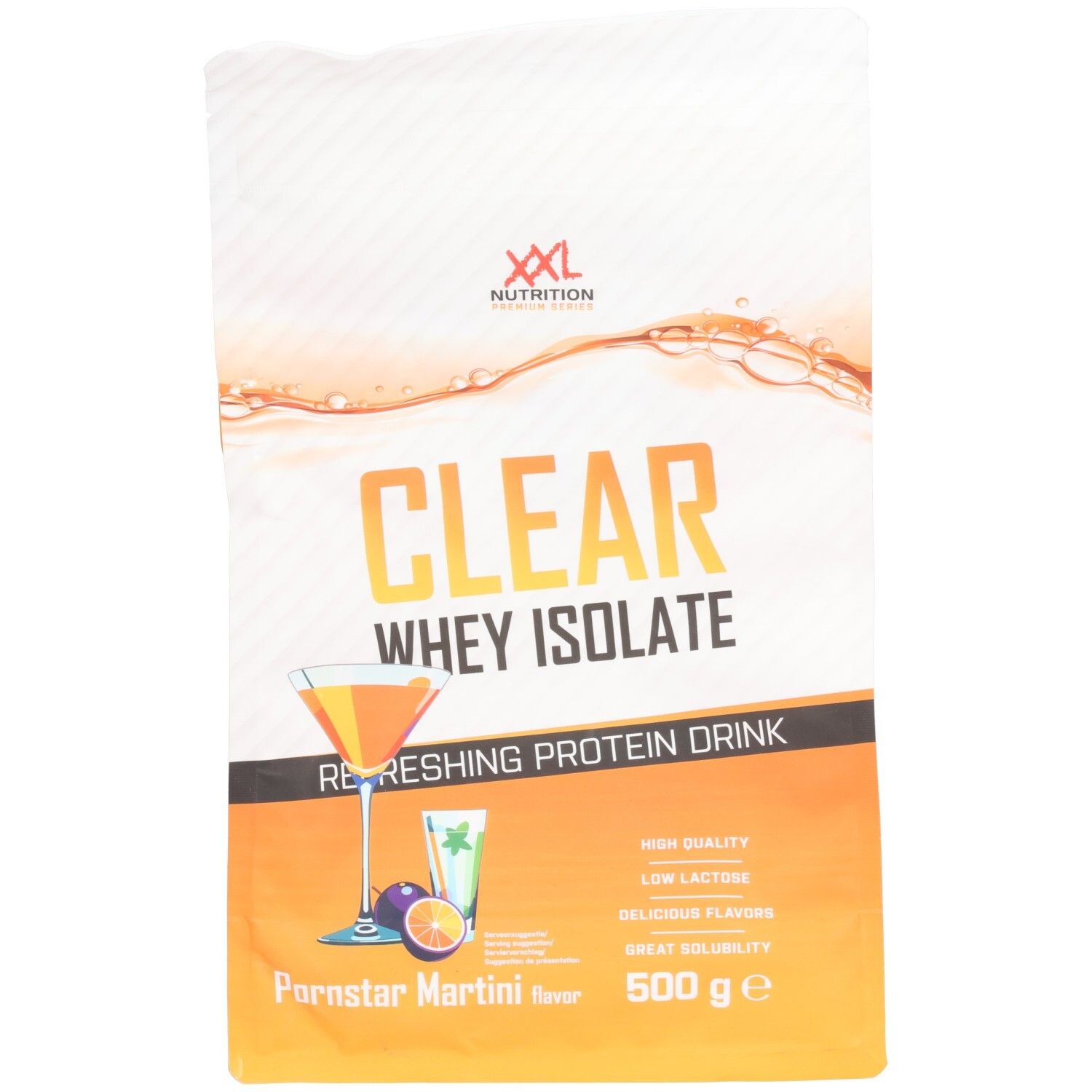 Sachet avec texte "CLEAR WHEY ISOLATE". Saveur "Pornstar Martini". Marque "XXL Nutrition". 500 g.