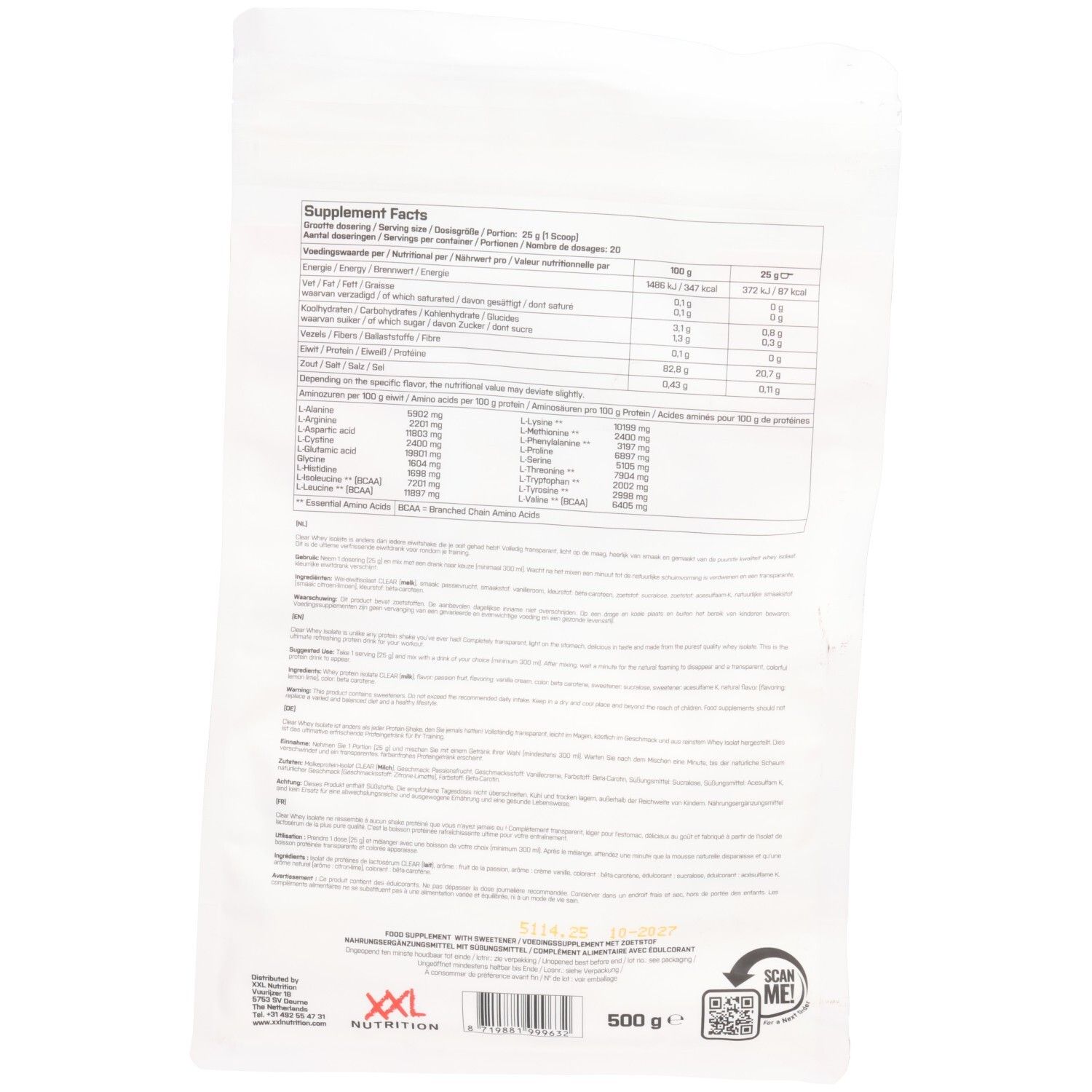 Dos d'un sachet. Texte avec informations nutritionnelles. Marque "XXL Nutrition". Code QR.