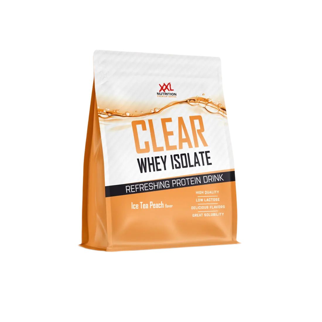 Sachet "XXL Nutrition". "Clear Whey Isolate", goût thé glacé pêche. Inscription "Refreshing Protein Drink".