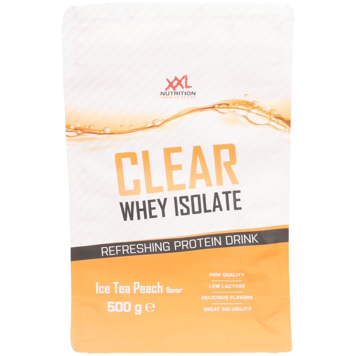 Sachet "XXL Nutrition". "Clear Whey Isolate", goût thé glacé pêche. Inscription "Refreshing Protein Drink". 500g.