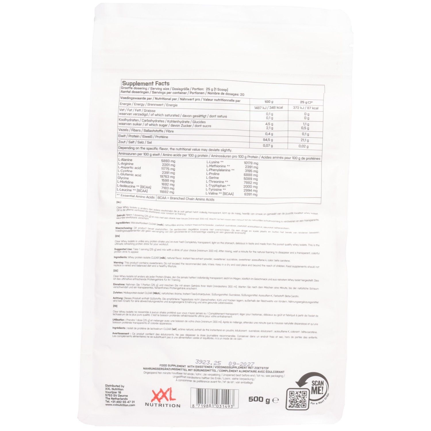 Dos du sachet. Contient informations nutritionnelles et liste des ingrédients. Marque: XXL Nutrition. Poids: 600g.