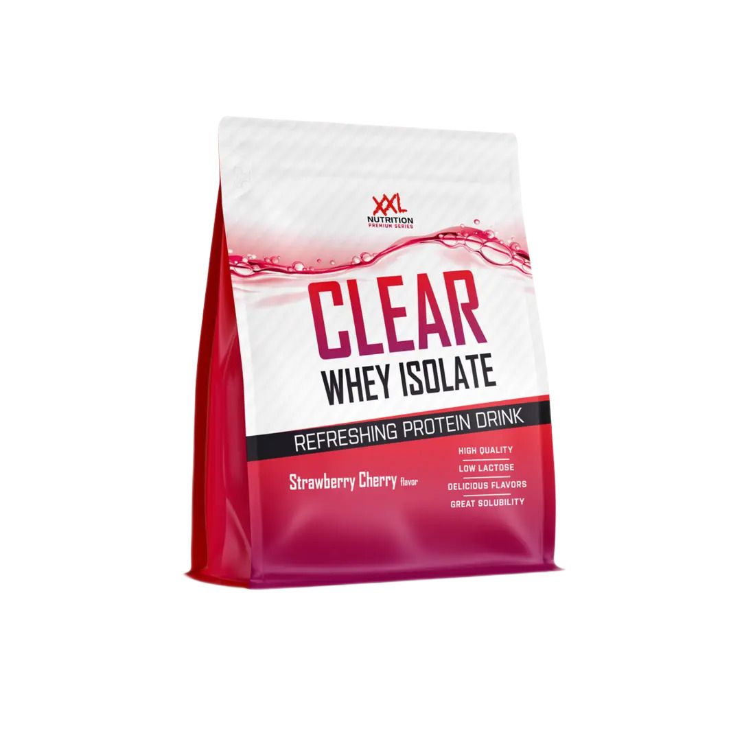 Sachet rouge et blanc avec texte Clear Whey Isolate. Contient Strawberry Cherry Flavor. Inscription : Refreshing Protein Drink.