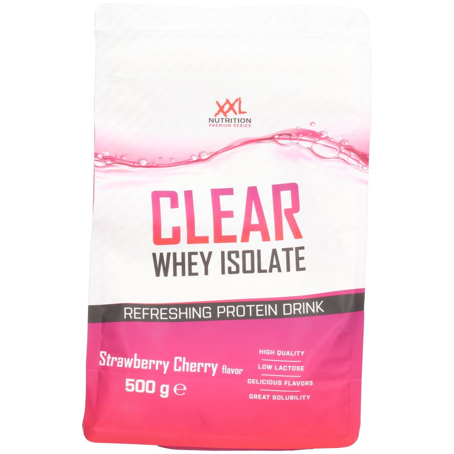 Sachet avec texte rouge et blanc. Contient Clear Whey Isolate. Inscription : Strawberry Cherry Flavor, 500 g.