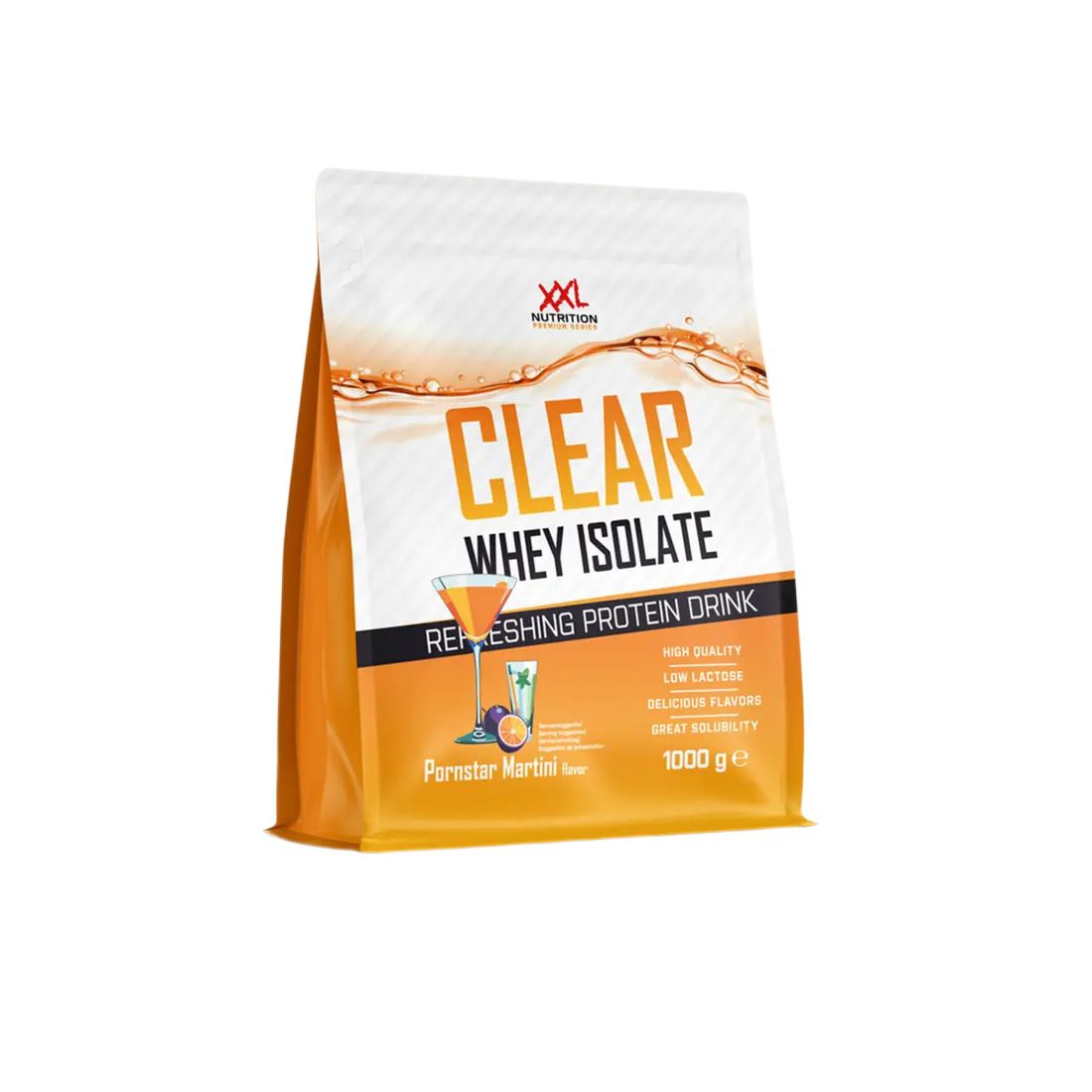 Sachet de Clear Whey Isolate. Inscription: Clear Whey Isolate, Pornstar Martini, 1000 g. Logo et texte.