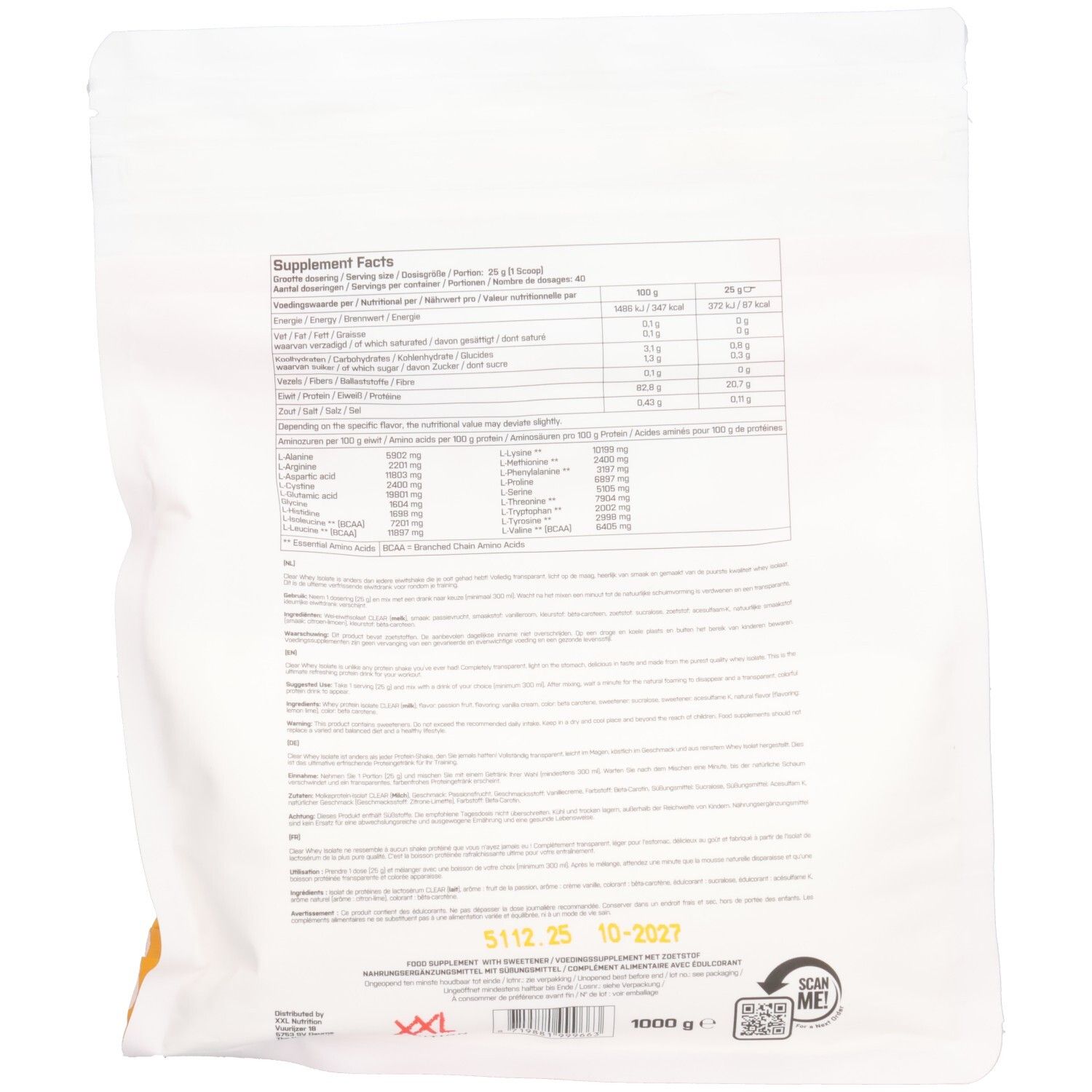 Dos du sachet avec informations nutritionnelles et texte. Logo XXL Nutrition et 1000 g.