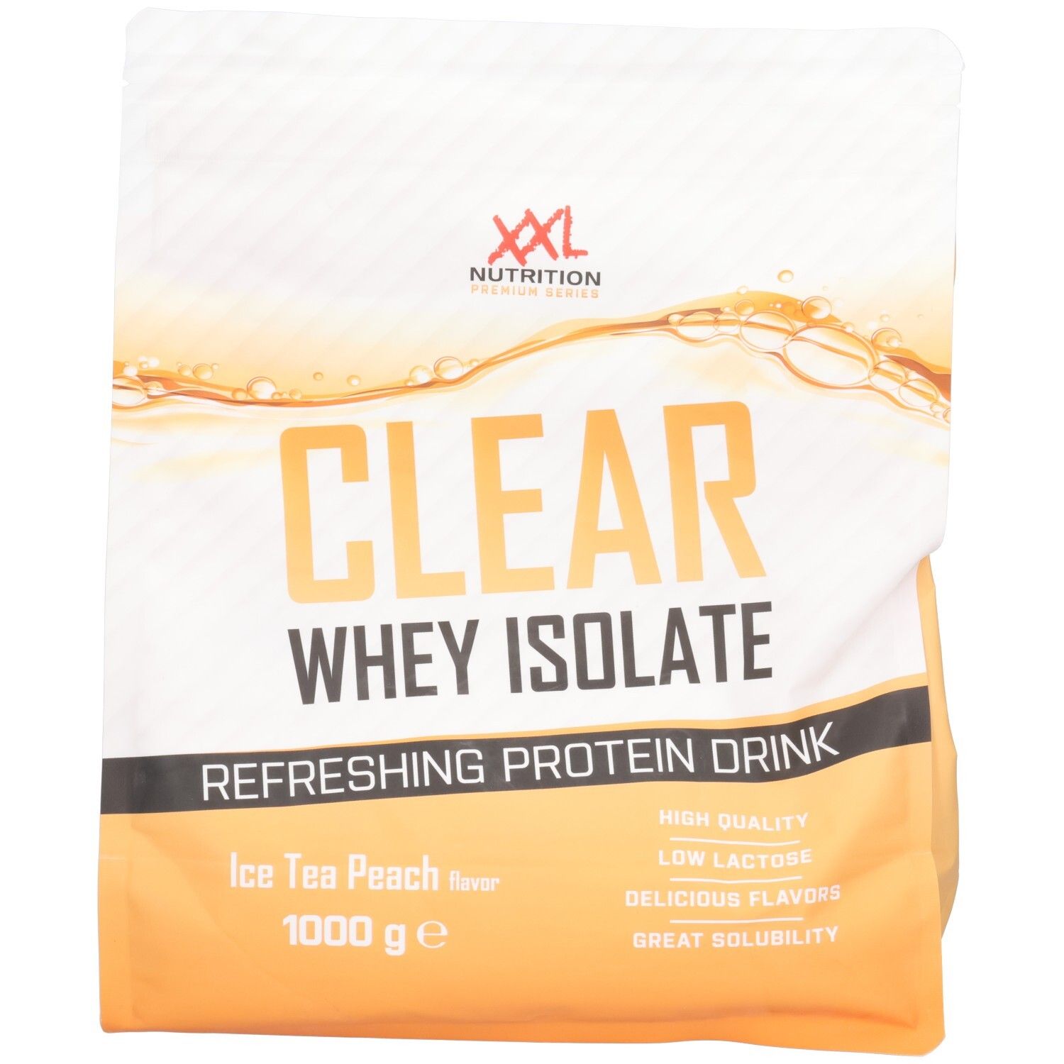 Sachet de Clear Whey Isolate XXL Nutrition. Inscription: Clear Whey Isolate, Ice Tea Peach, 1000 g. Fond: aquarelle.