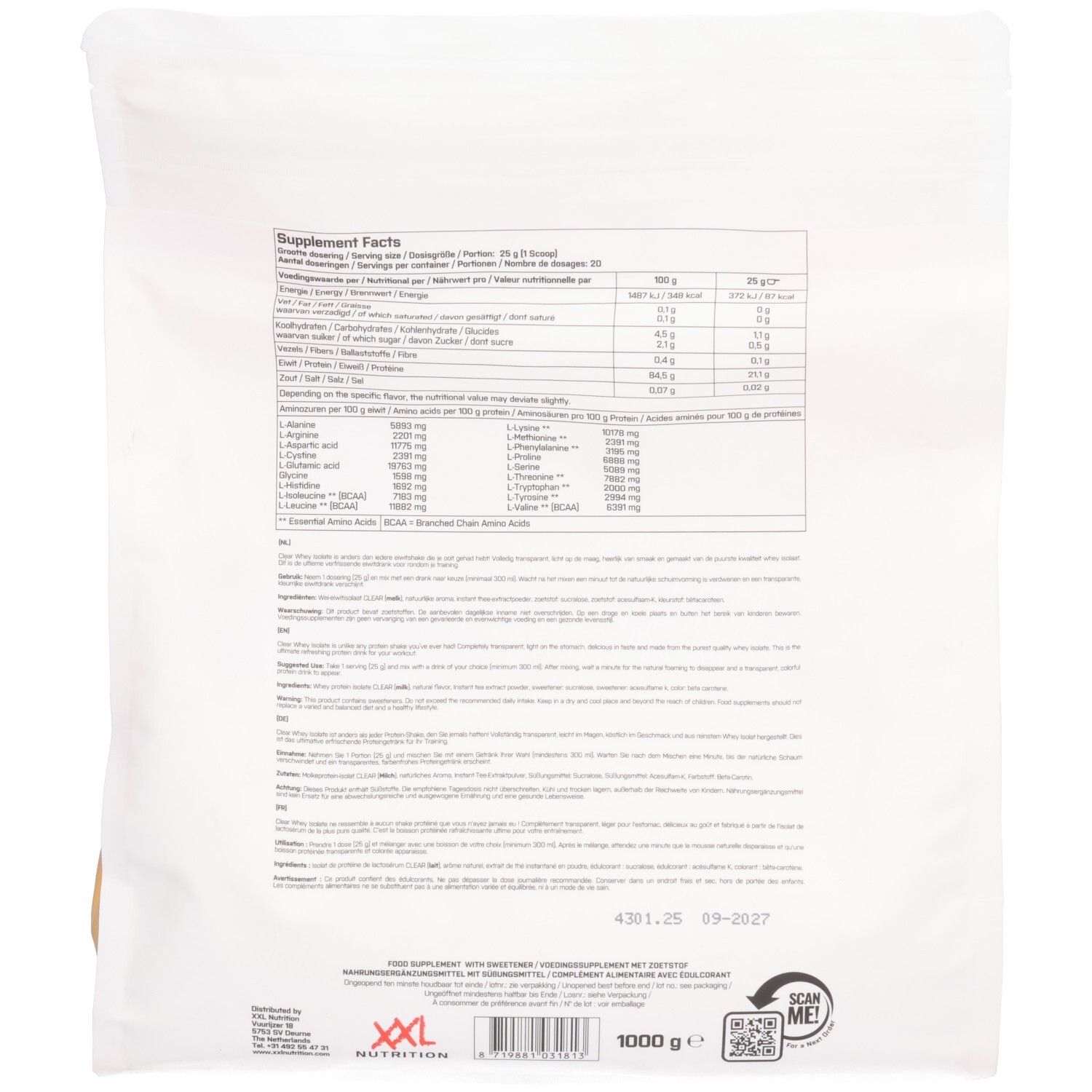 Dos du sachet avec informations nutritionnelles et ingrédients. Texte multilingue. Logo XXL Nutrition et 1000 g.