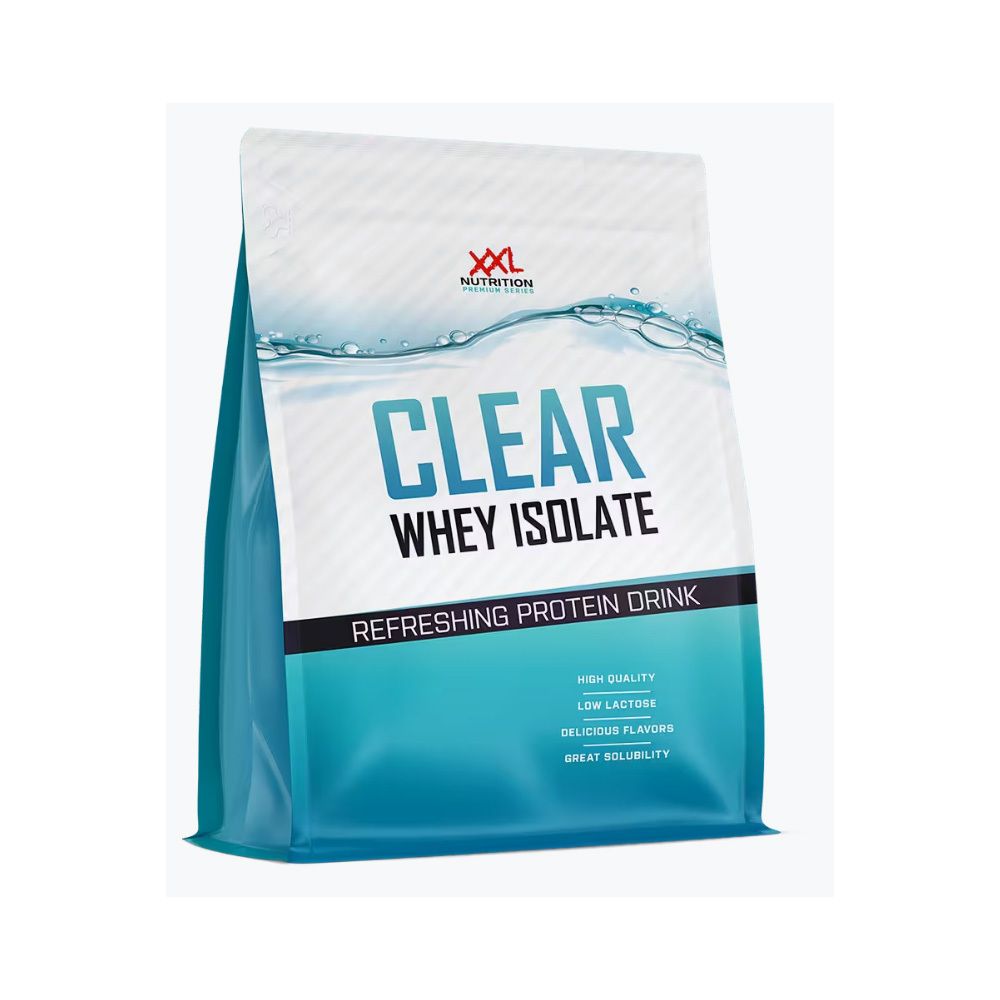 Sachet vert "XXL Nutrition Clear Whey Isolate". Textes : "Refreshing Protein Drink", "Green Apple Flavor", "1000 g e".
