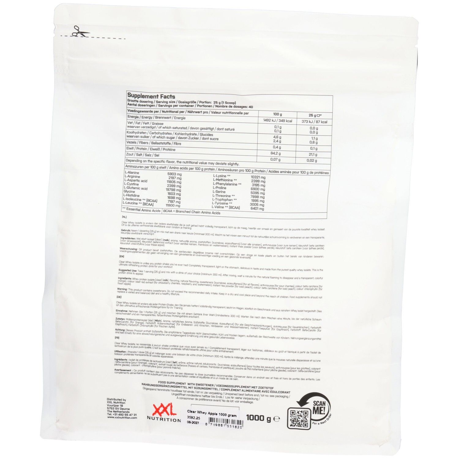 Dos du paquet. Textes : informations nutritionnelles, ingrédients, acides aminés. Marque : XXL Nutrition. Poids : 1000 g.