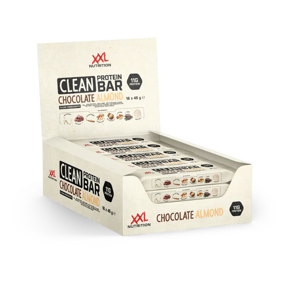 Boîte ouverte de barres protéinées Clean Protein Chocolat Amandes. Barres visibles. Inscription: XXL Nutrition, Clean Protein Bar, Chocolat Amandes.