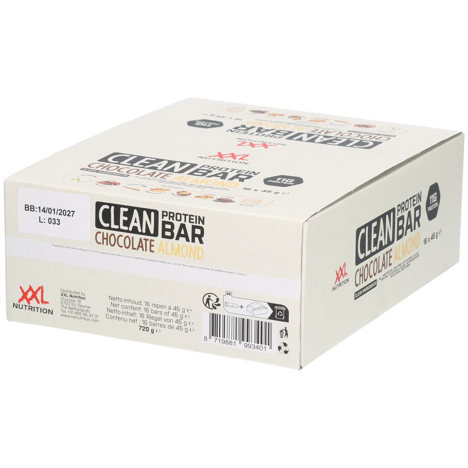 Boîte de barres protéinées Clean Protein Chocolat Amandes. Inscription: XXL Nutrition, Clean Protein Bar, Chocolat Amandes.