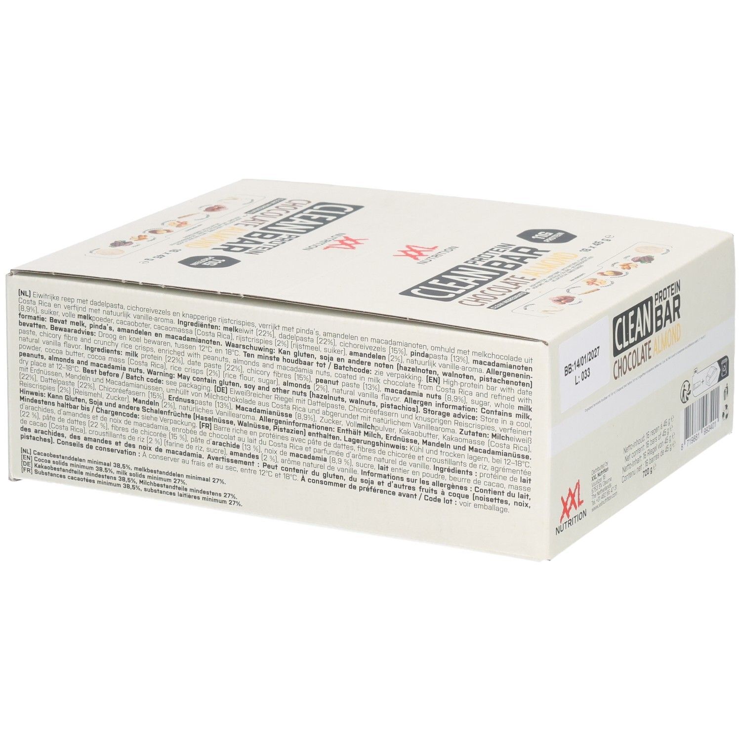Boîte de barres protéinées Clean Protein Chocolat Amandes. Liste des ingrédients et informations nutritionnelles. Inscription: XXL Nutrition.