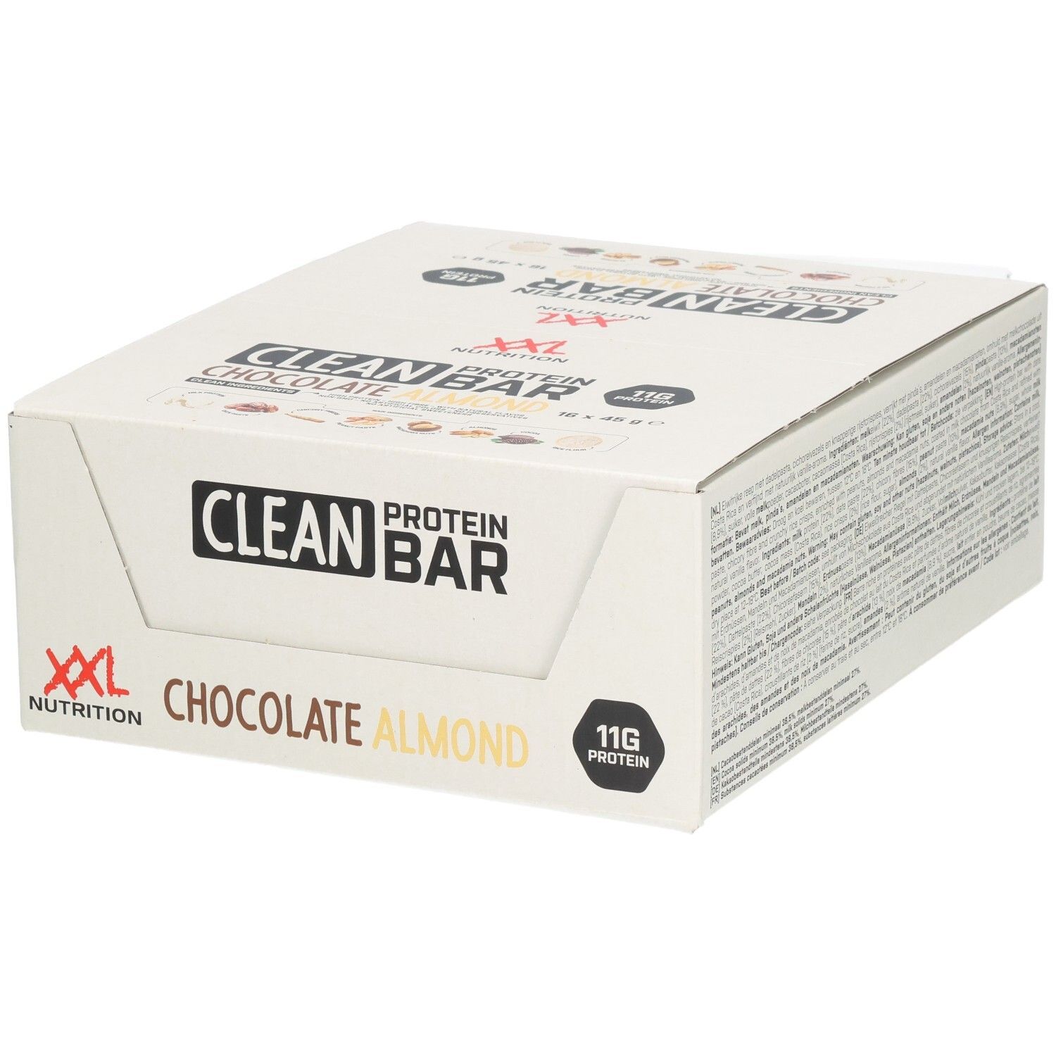Boîte de barres protéinées Clean Protein Chocolat Amandes. Inscription: XXL Nutrition, Clean Protein Bar, Chocolat Amandes, 11g protéines.