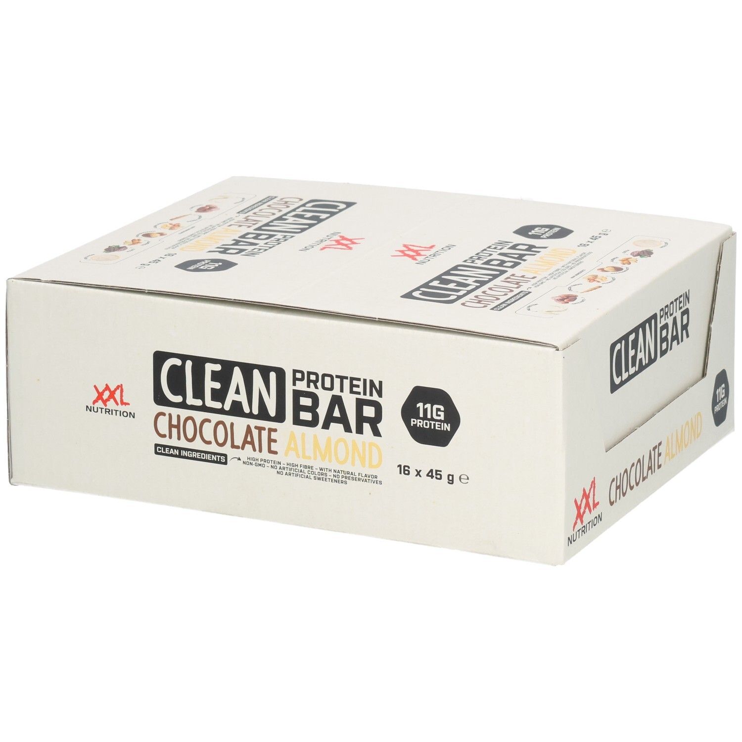 Boîte de barres protéinées Clean Protein Chocolat Amandes. Inscription: XXL Nutrition, Clean Protein Bar, Chocolat Amandes, 16 x 45 g.