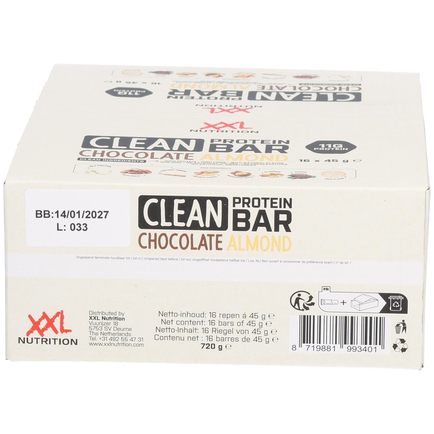 Boîte de barres protéinées Clean Protein Chocolat Amandes. Inscription: XXL Nutrition, Clean Protein Bar, Chocolat Amandes, 16 barres.