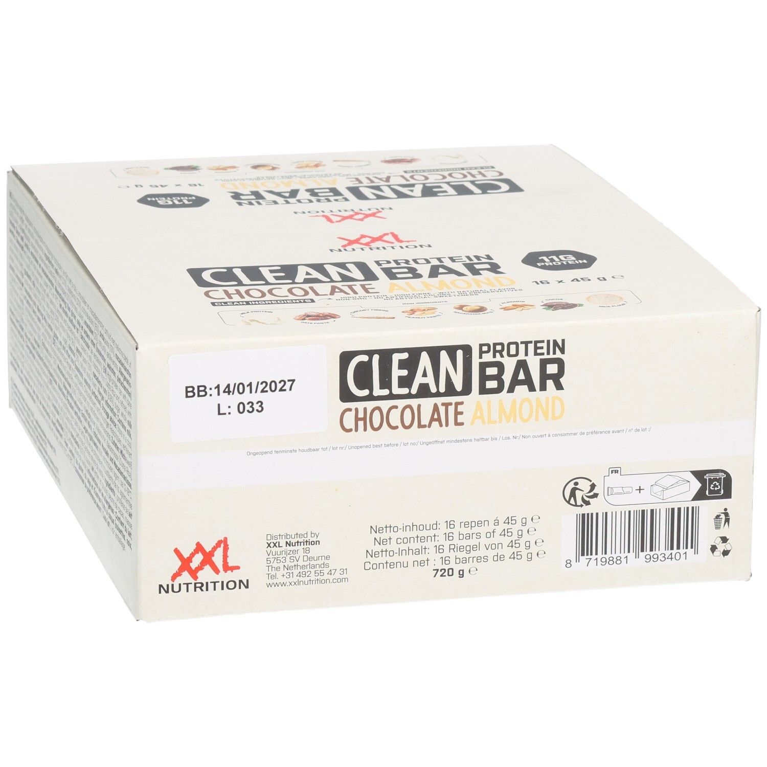 Boîte de barres protéinées Clean Protein Chocolat Amandes. Inscription: XXL Nutrition, Clean Protein Bar, Chocolat Amandes, 16 barres, 720 g.
