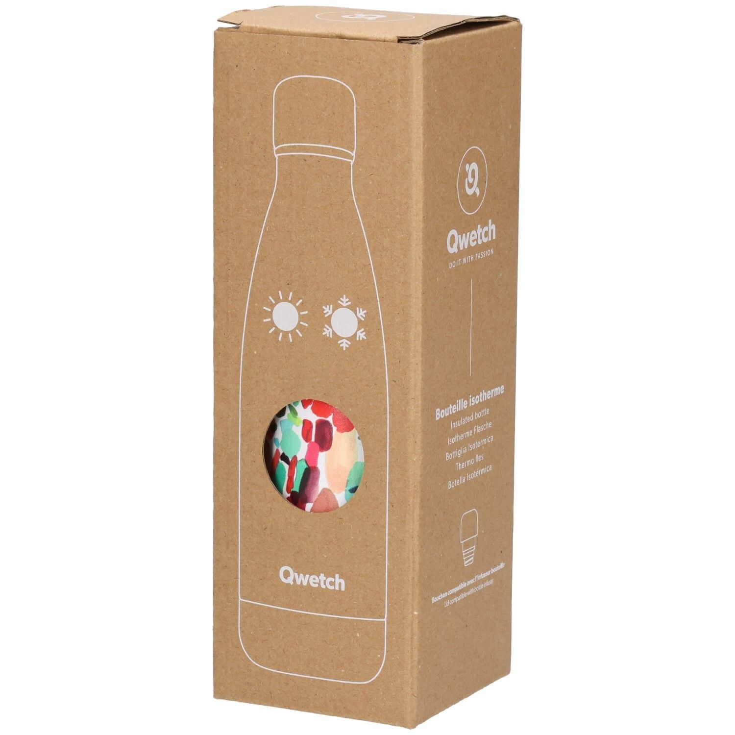 Emballage en carton avec fenêtre. Thermos Qwetch à motifs colorés. Illustration soleil et flocon de neige.