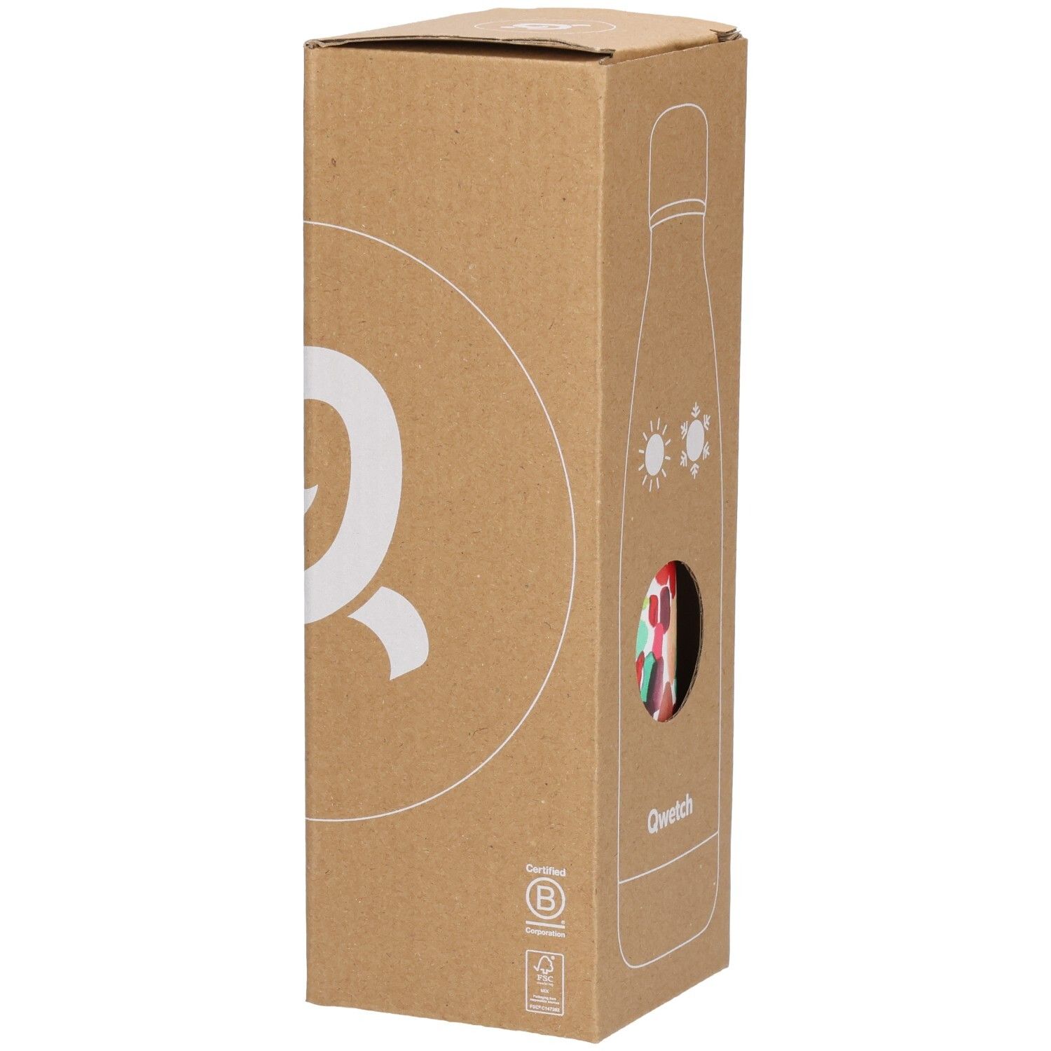 Emballage en carton avec logo Qwetch et certification B Corp. Illustration d'une thermos avec soleil et flocon.