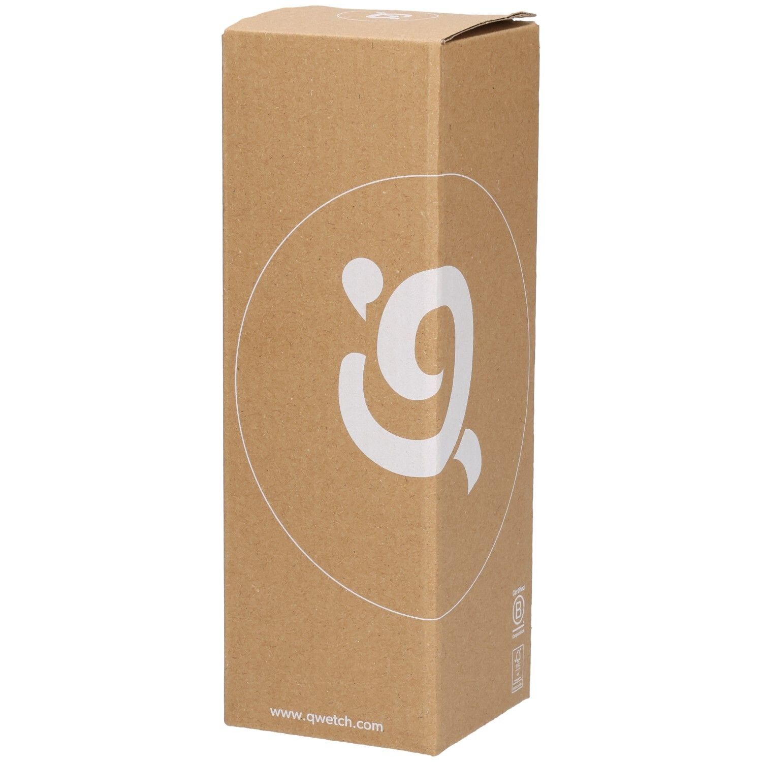 Emballage en carton avec logo Qwetch. Inscription www.qwetch.com. Emballage marron.