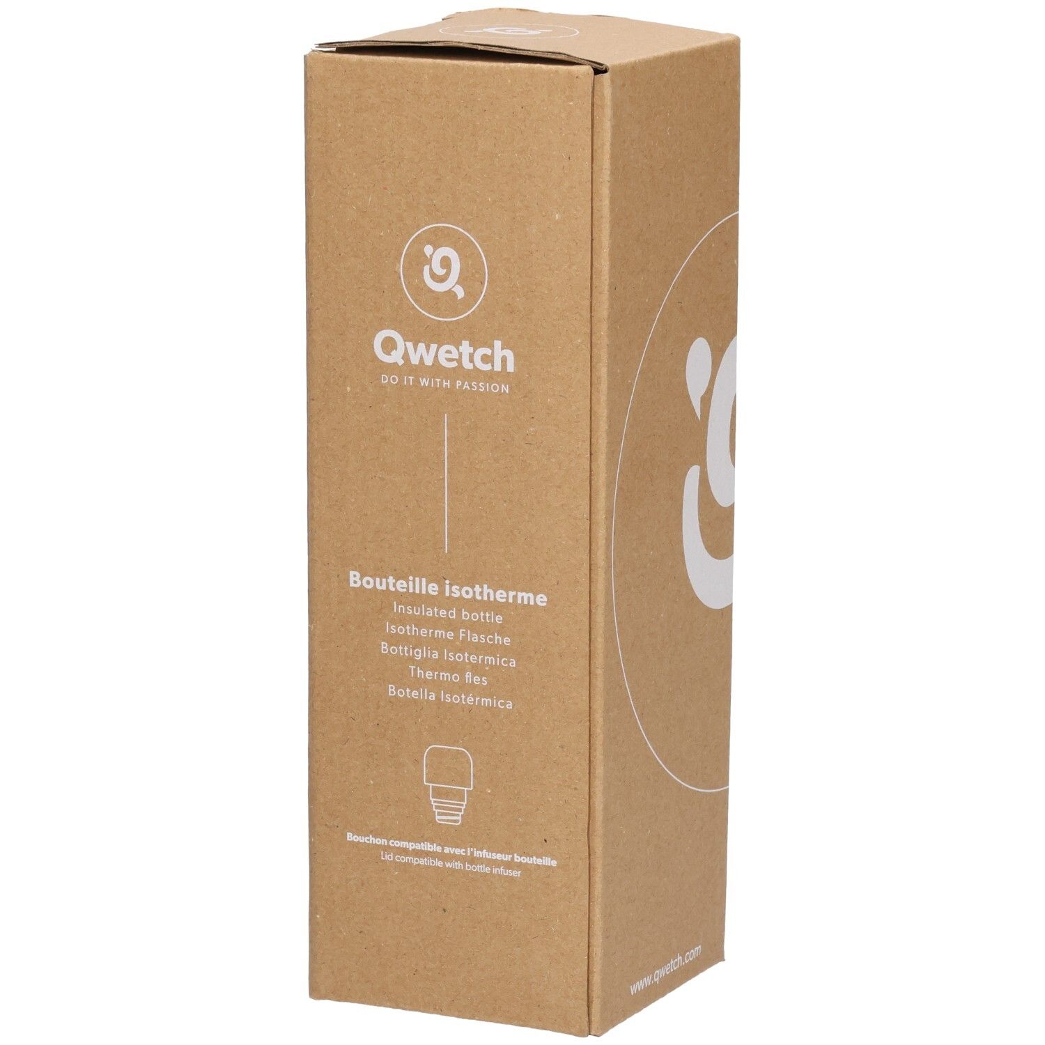 Emballage en carton avec logo Qwetch et nom du produit. Illustration d'une thermos.