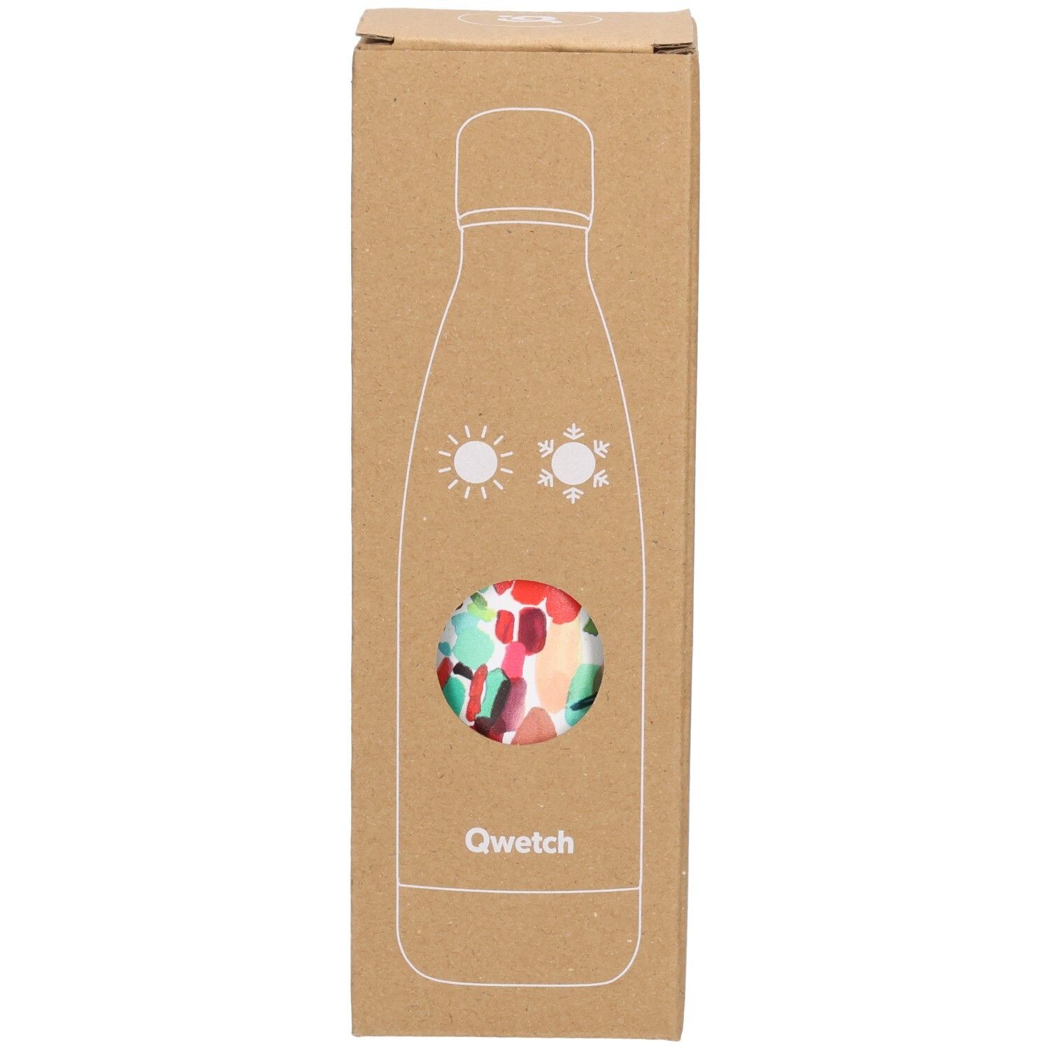 Emballage en carton avec fenêtre. Thermos Qwetch à motifs colorés. Illustration soleil et flocon de neige.
